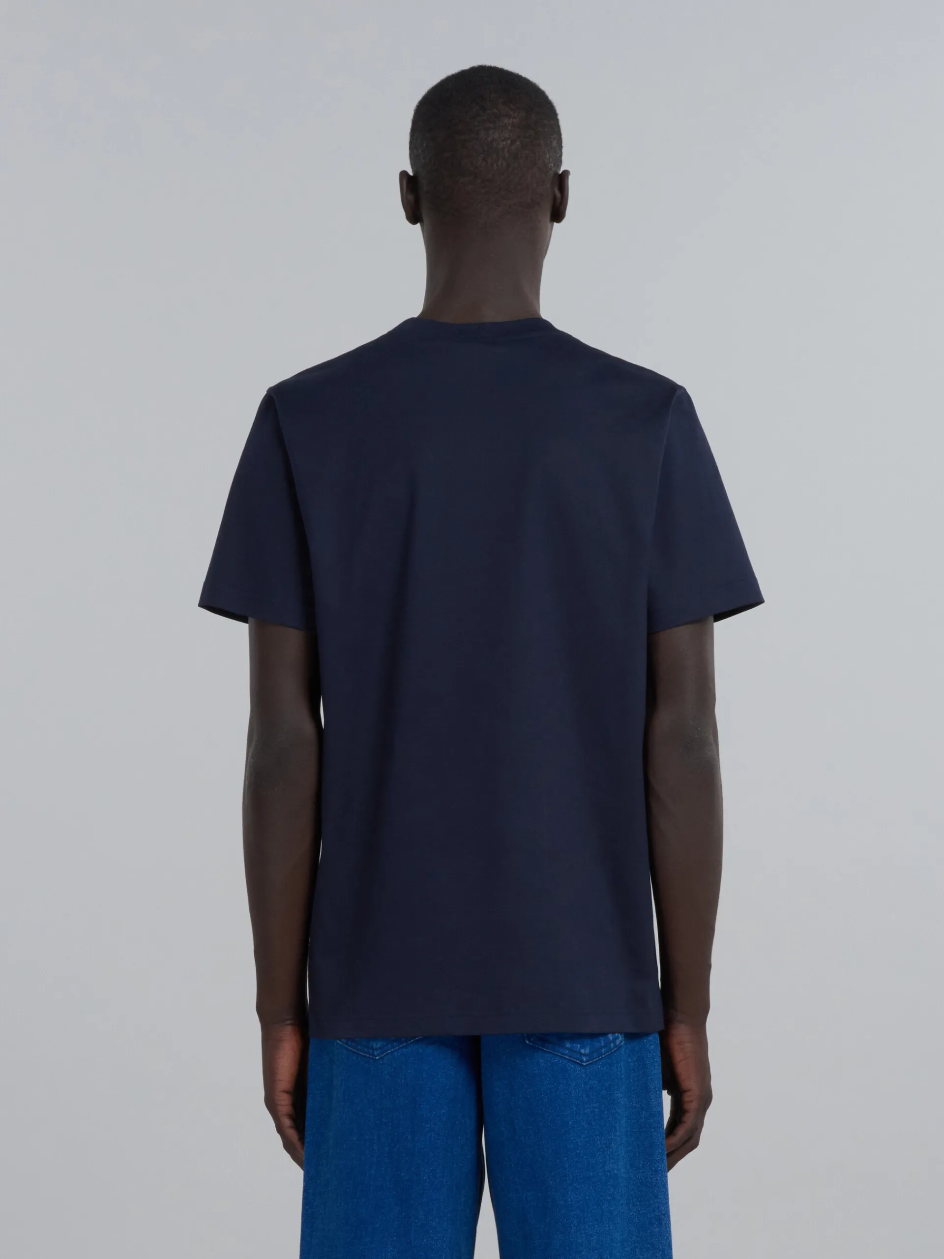 Tops & T-Shirts>Marni Dark Blue Organic Cotton T-shirt With Logo BLUBLACK