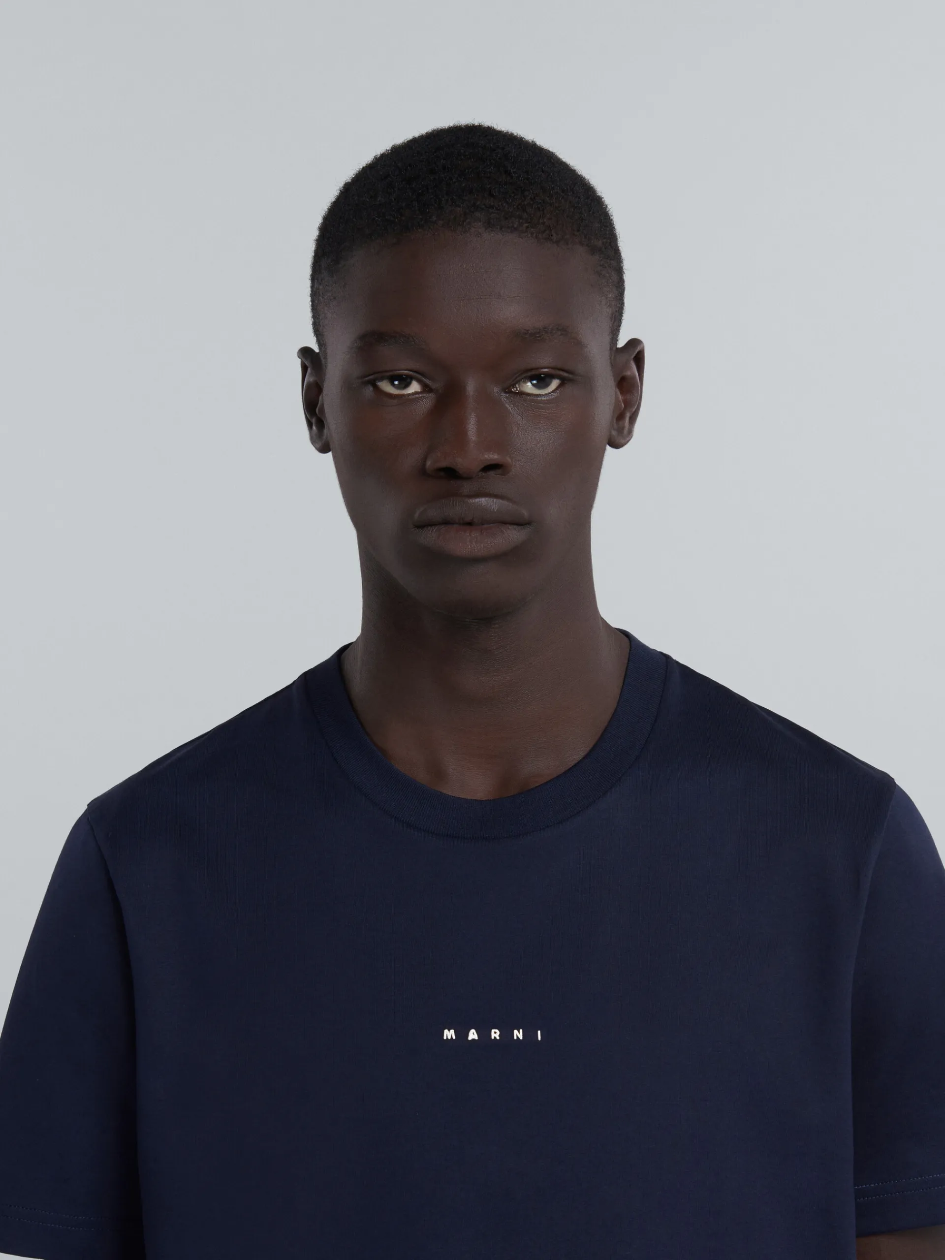 Tops & T-Shirts>Marni Dark Blue Organic Cotton T-shirt With Logo BLUBLACK