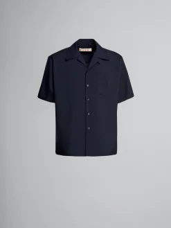 Tops & T-Shirts>Marni Dark Blue Tropical Wool Bowling Shirt BLUBLACK