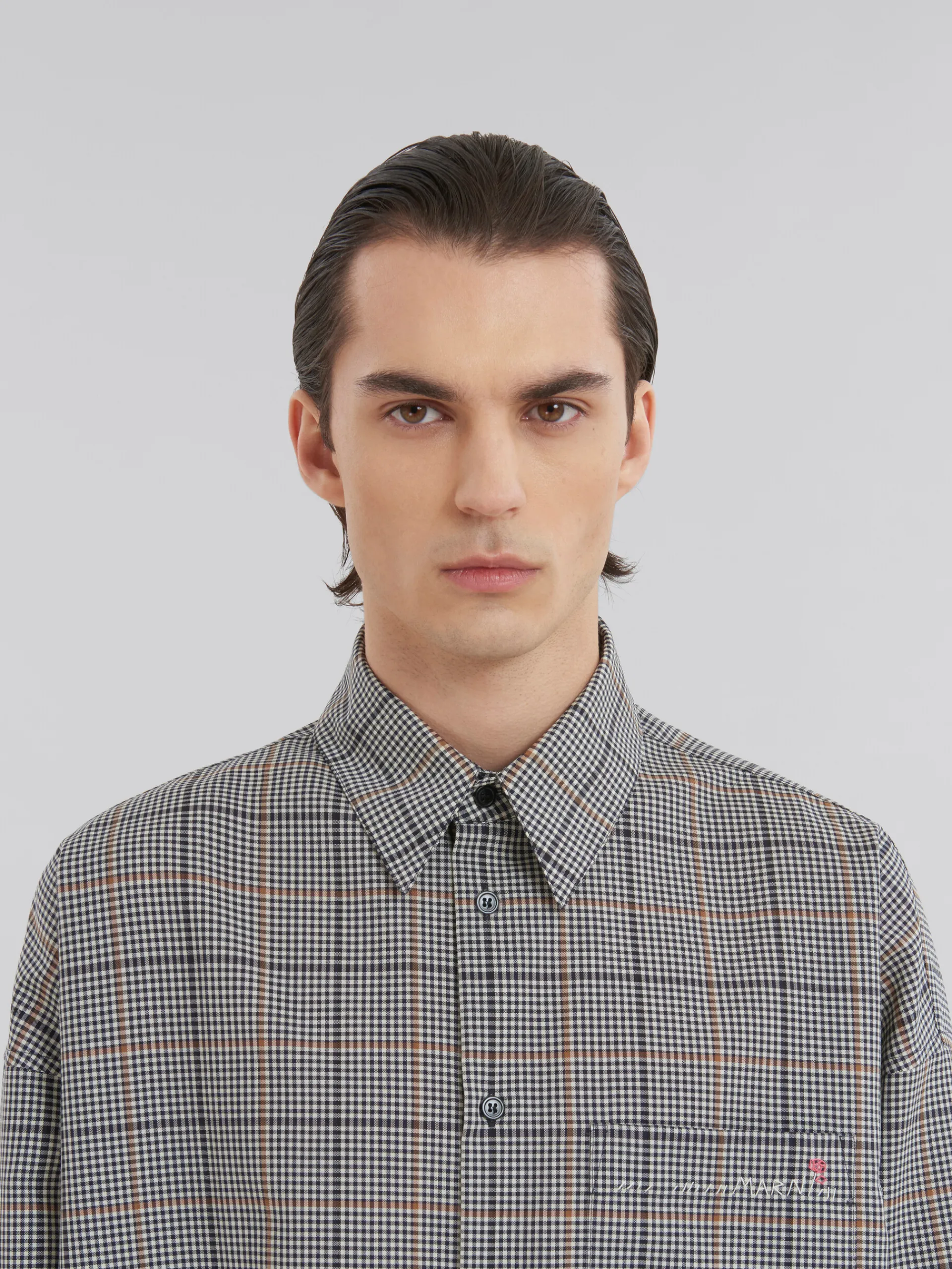 Tops & T-Shirts>Marni Deep Blue Checked Tech Wool Shirt BLUBLACK