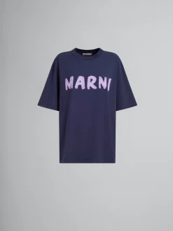 Tops & T-Shirts>Marni Deep Blue Organic Cotton T-shirt With Logo BLUBLACK