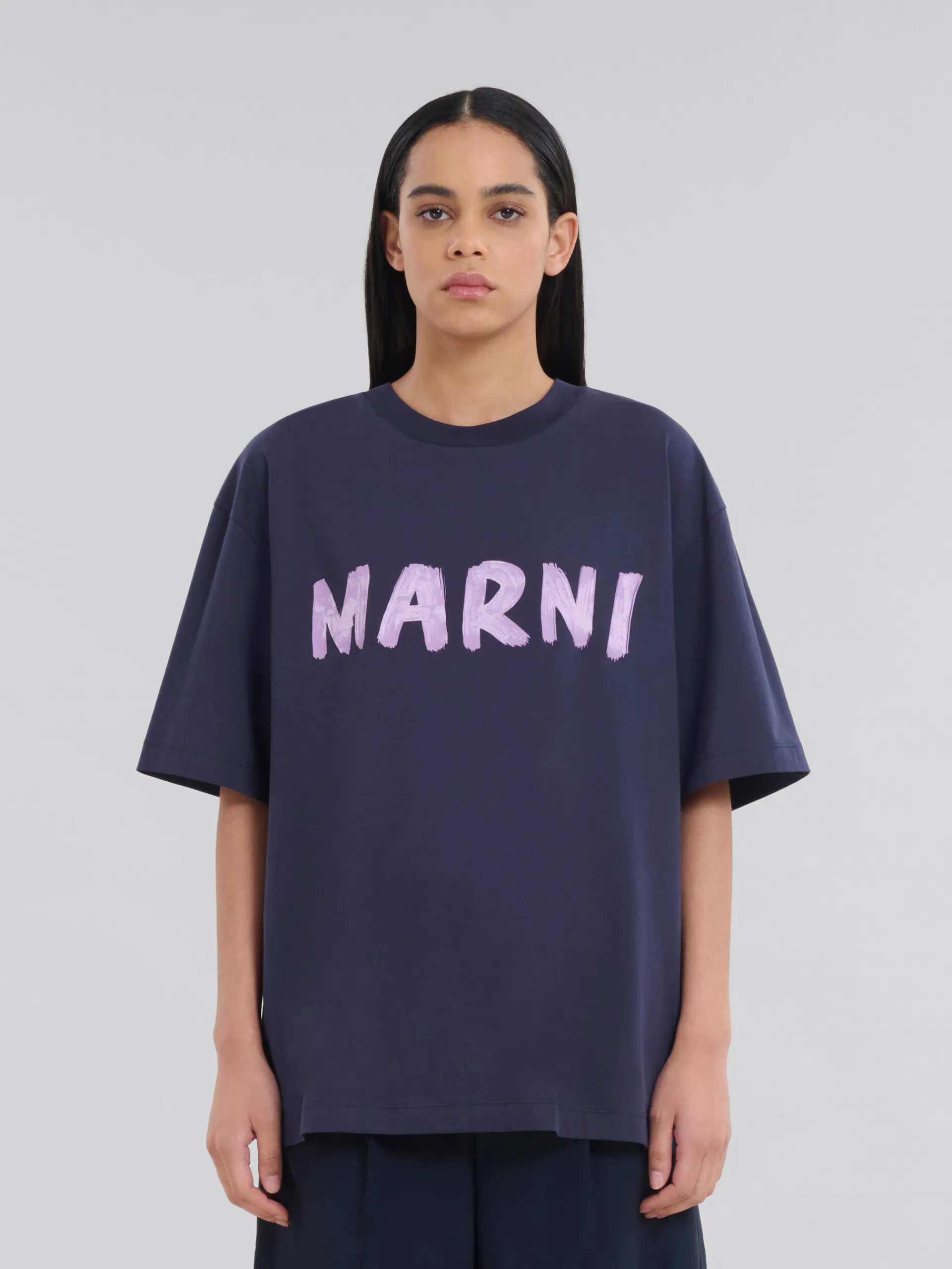 Tops & T-Shirts>Marni Deep Blue Organic Cotton T-shirt With Logo BLUBLACK