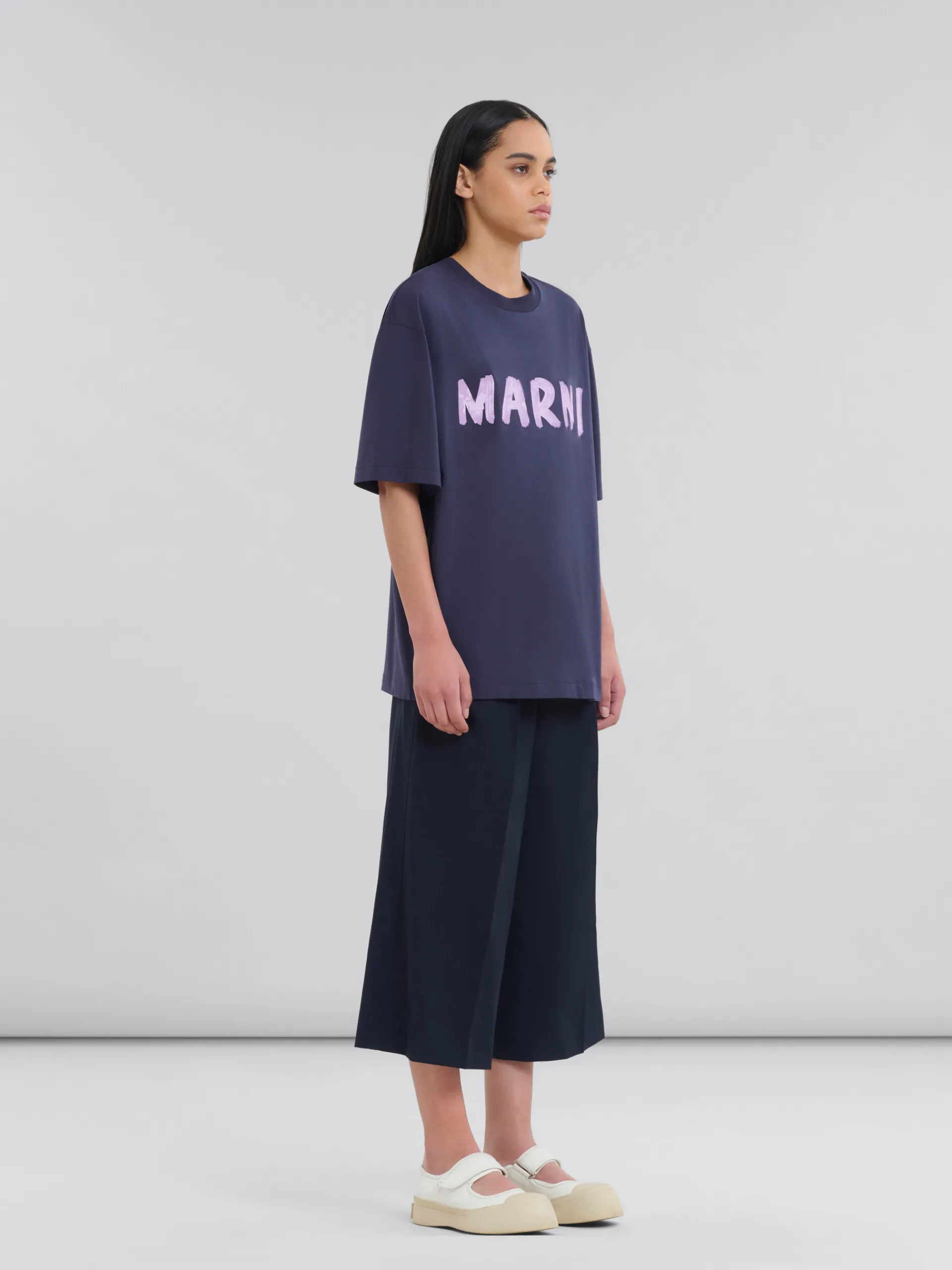 Tops & T-Shirts>Marni Deep Blue Organic Cotton T-shirt With Logo BLUBLACK