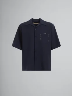 Tops & T-Shirts>Marni Deep Blue Tropical Wool Bowling Shirt With Mending BLUBLACK