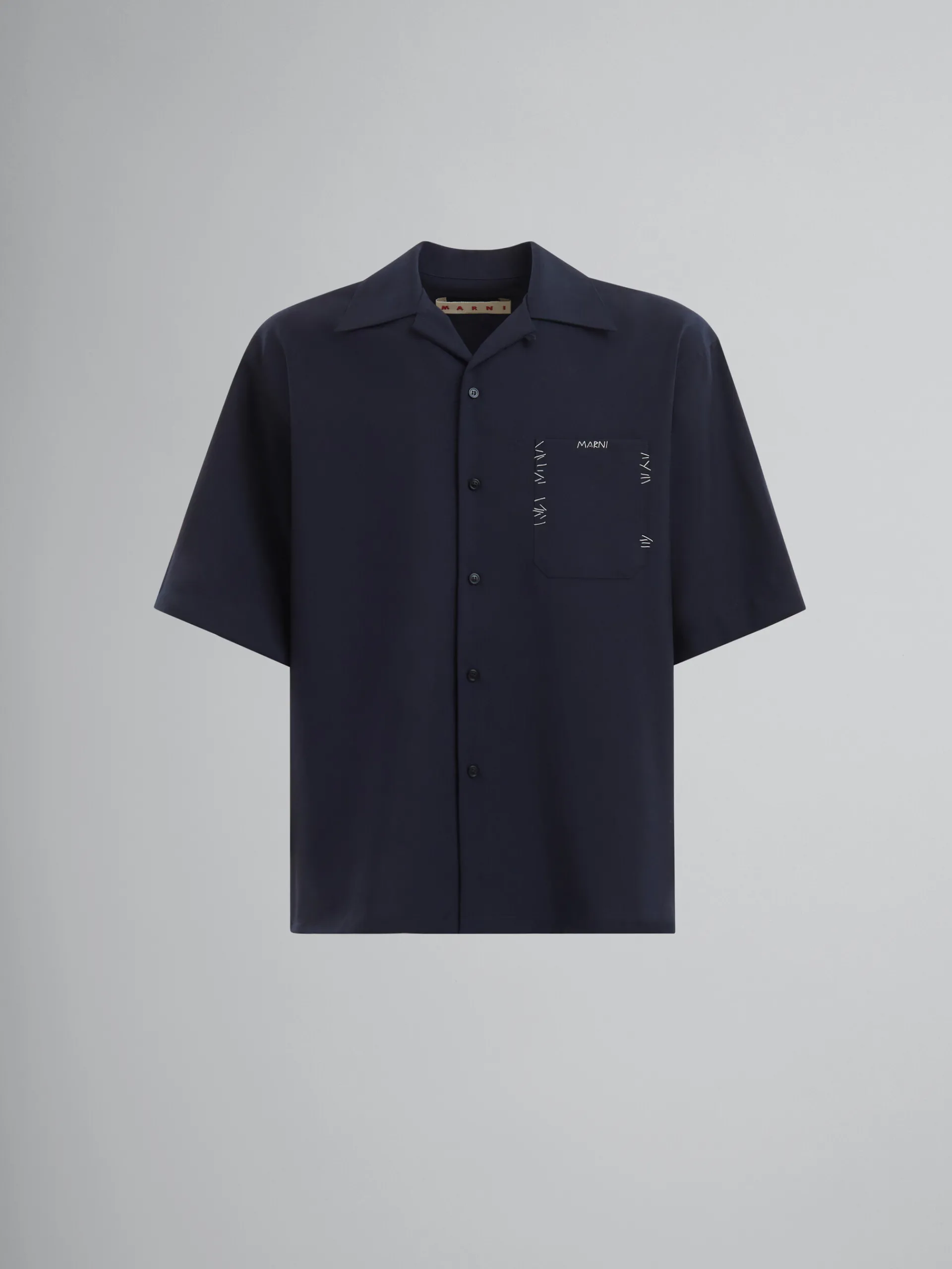 Tops & T-Shirts>Marni Deep Blue Tropical Wool Bowling Shirt With Mending BLUBLACK