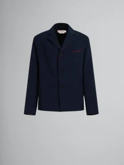 Coats & Jackets>Marni Deep Blue Tropical Wool Blazer With Mending BLUBLACK