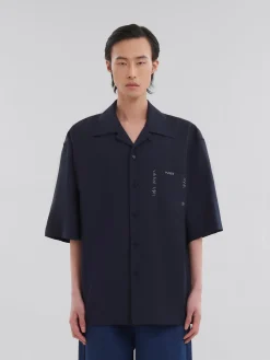 Tops & T-Shirts>Marni Deep Blue Tropical Wool Bowling Shirt With Mending BLUBLACK