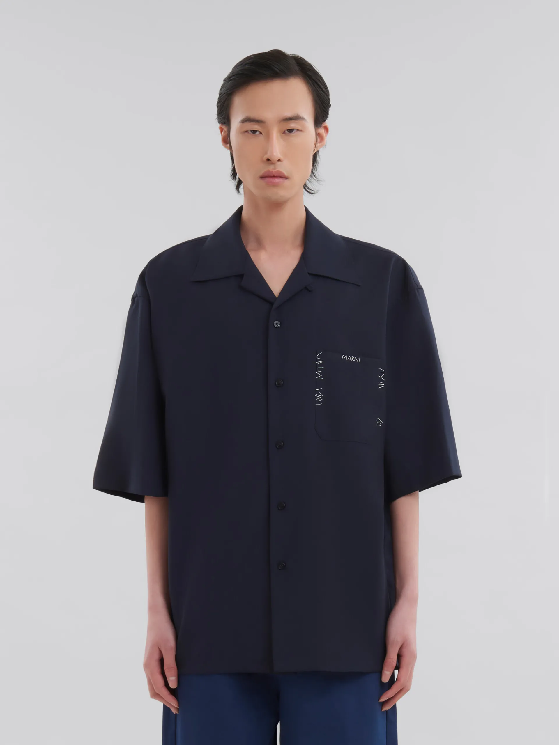 Tops & T-Shirts>Marni Deep Blue Tropical Wool Bowling Shirt With Mending BLUBLACK