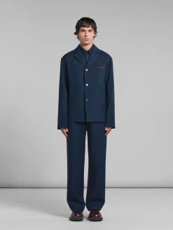 Coats & Jackets>Marni Deep Blue Tropical Wool Blazer With Mending BLUBLACK