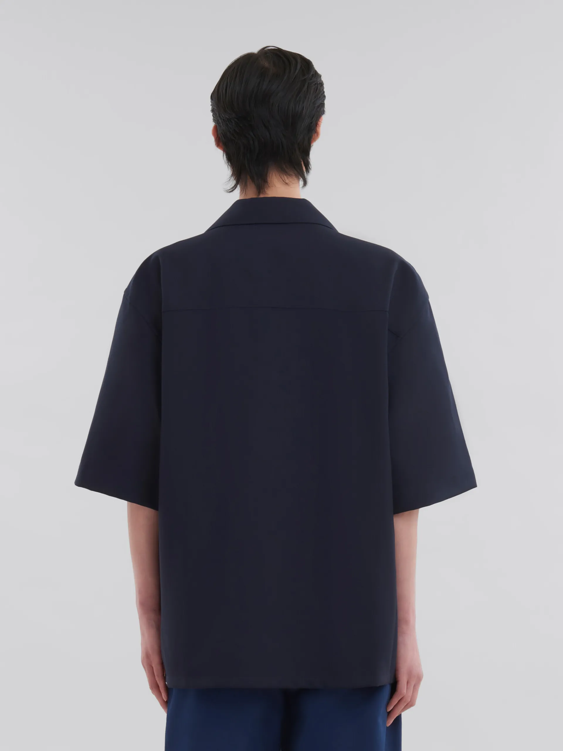 Tops & T-Shirts>Marni Deep Blue Tropical Wool Bowling Shirt With Mending BLUBLACK