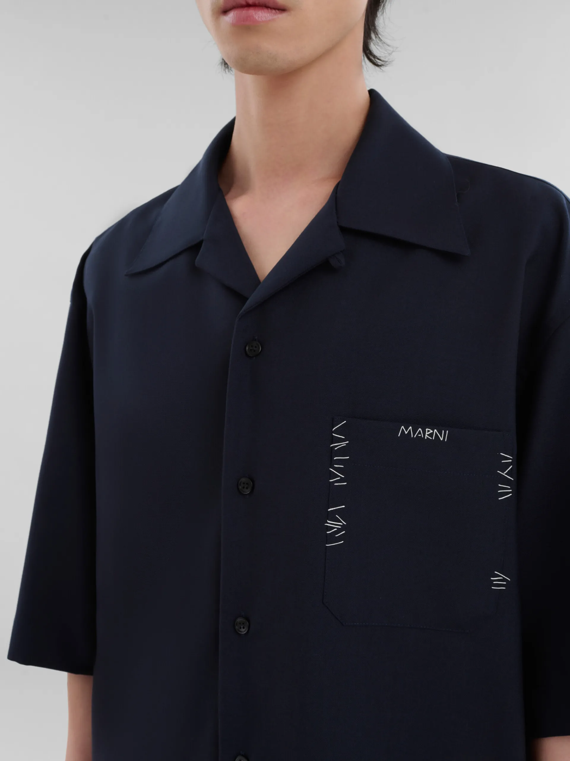 Tops & T-Shirts>Marni Deep Blue Tropical Wool Bowling Shirt With Mending BLUBLACK
