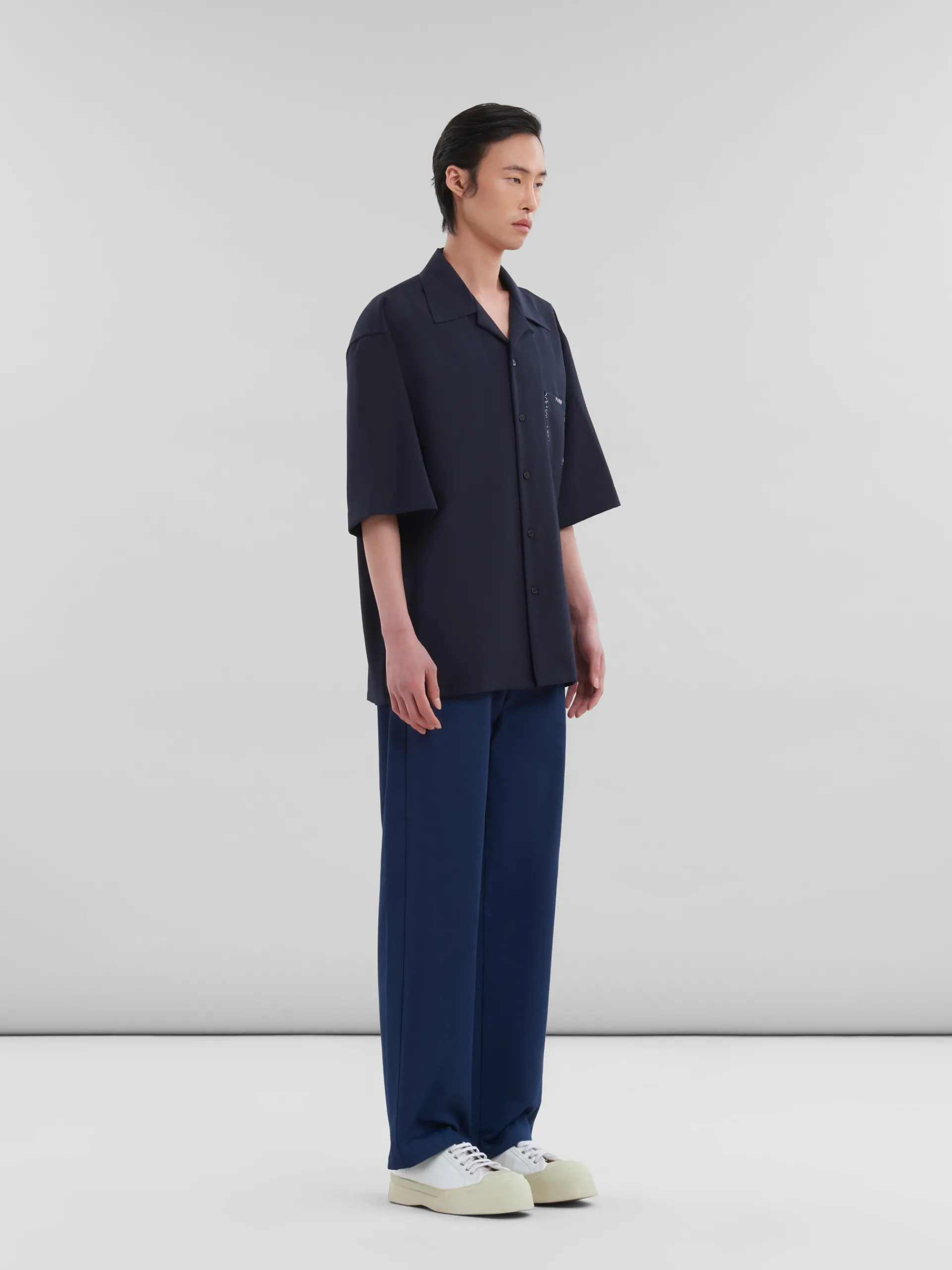 Tops & T-Shirts>Marni Deep Blue Tropical Wool Bowling Shirt With Mending BLUBLACK