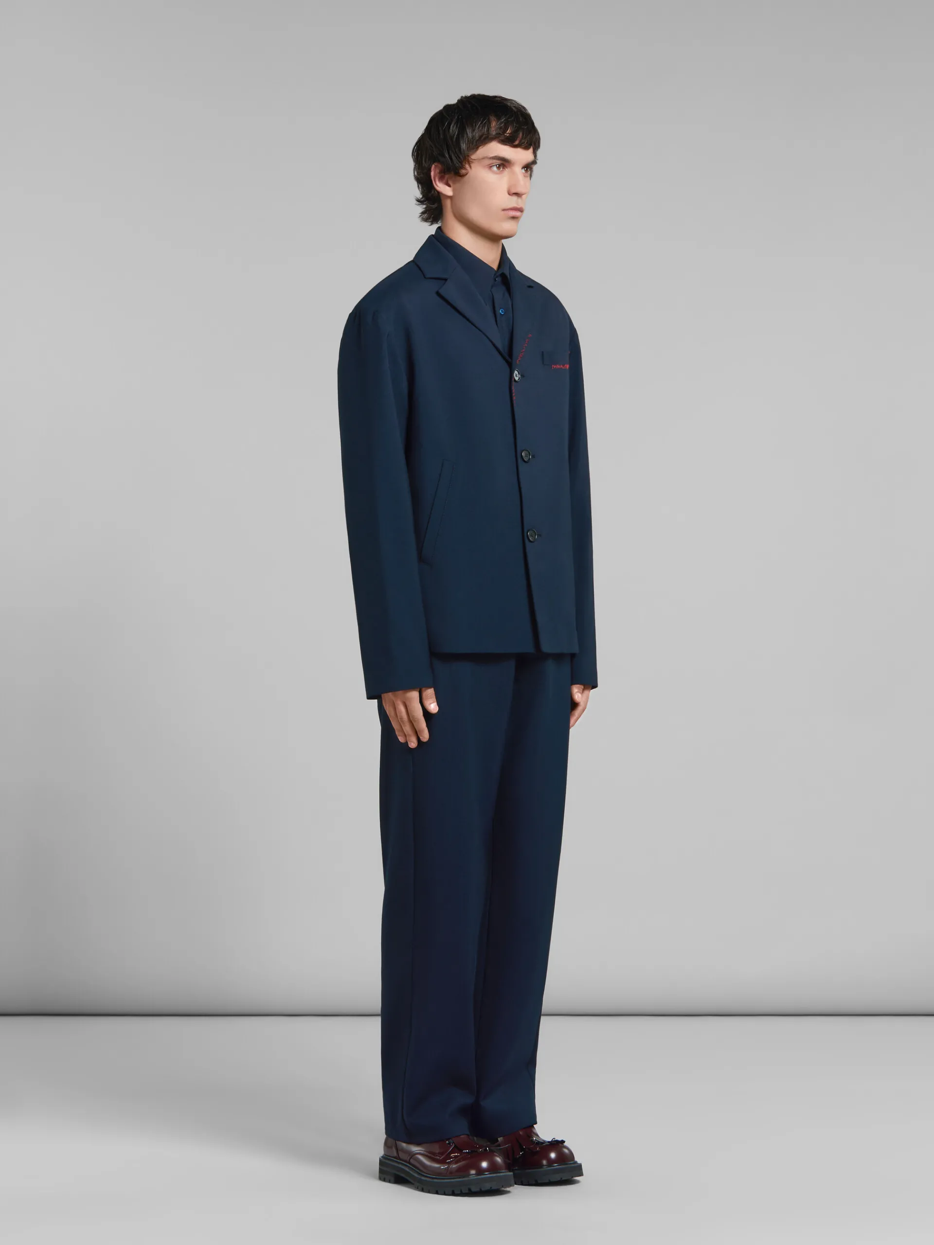 Coats & Jackets>Marni Deep Blue Tropical Wool Blazer With Mending BLUBLACK