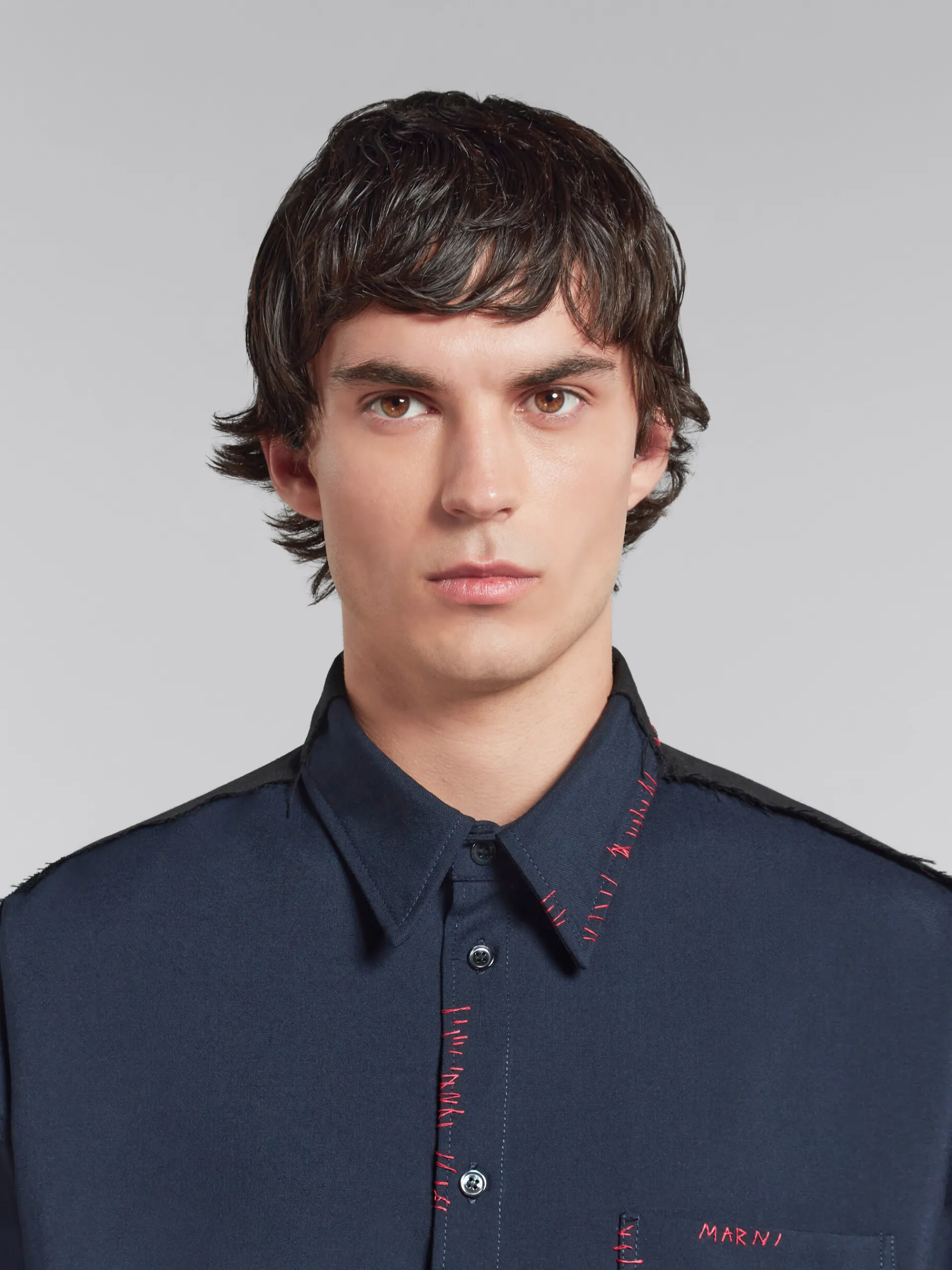 Tops & T-Shirts>Marni Deep Blue Tropical Wool Shirt With Contrast Back BLUBLACK
