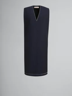 Dresses>Marni Deep Blue Tropical Wool V-neck Dress BLUBLACK