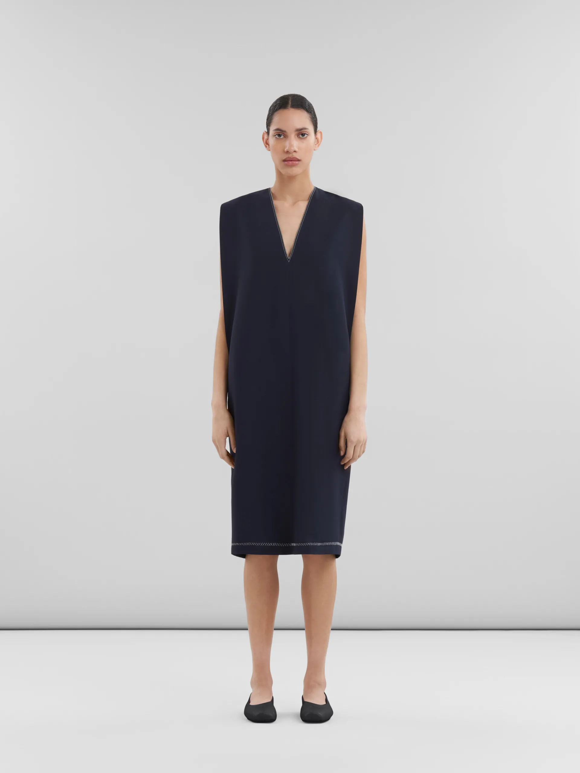 Dresses>Marni Deep Blue Tropical Wool V-neck Dress BLUBLACK