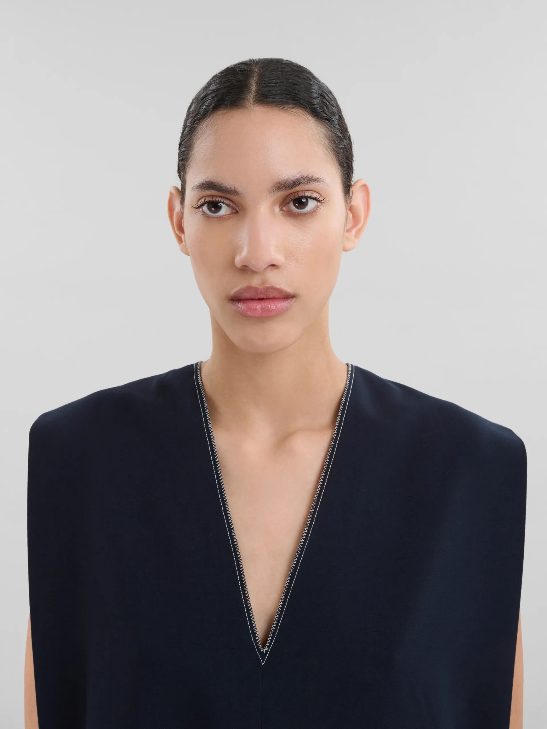 Dresses>Marni Deep Blue Tropical Wool V-neck Dress BLUBLACK