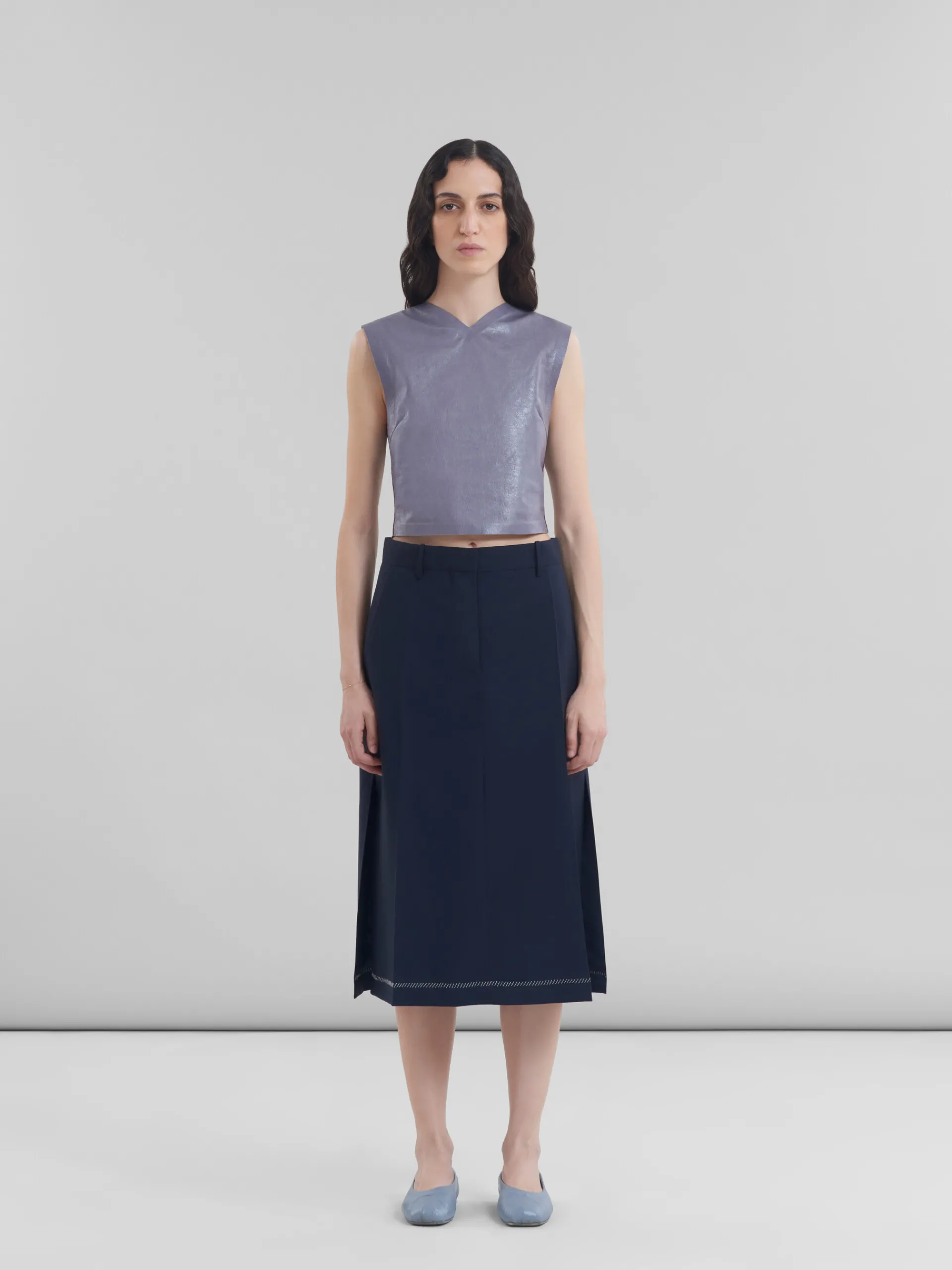 Skirts>Marni Deep Blue Wool Midi Skirt With Pressed Pleats BLUBLACK