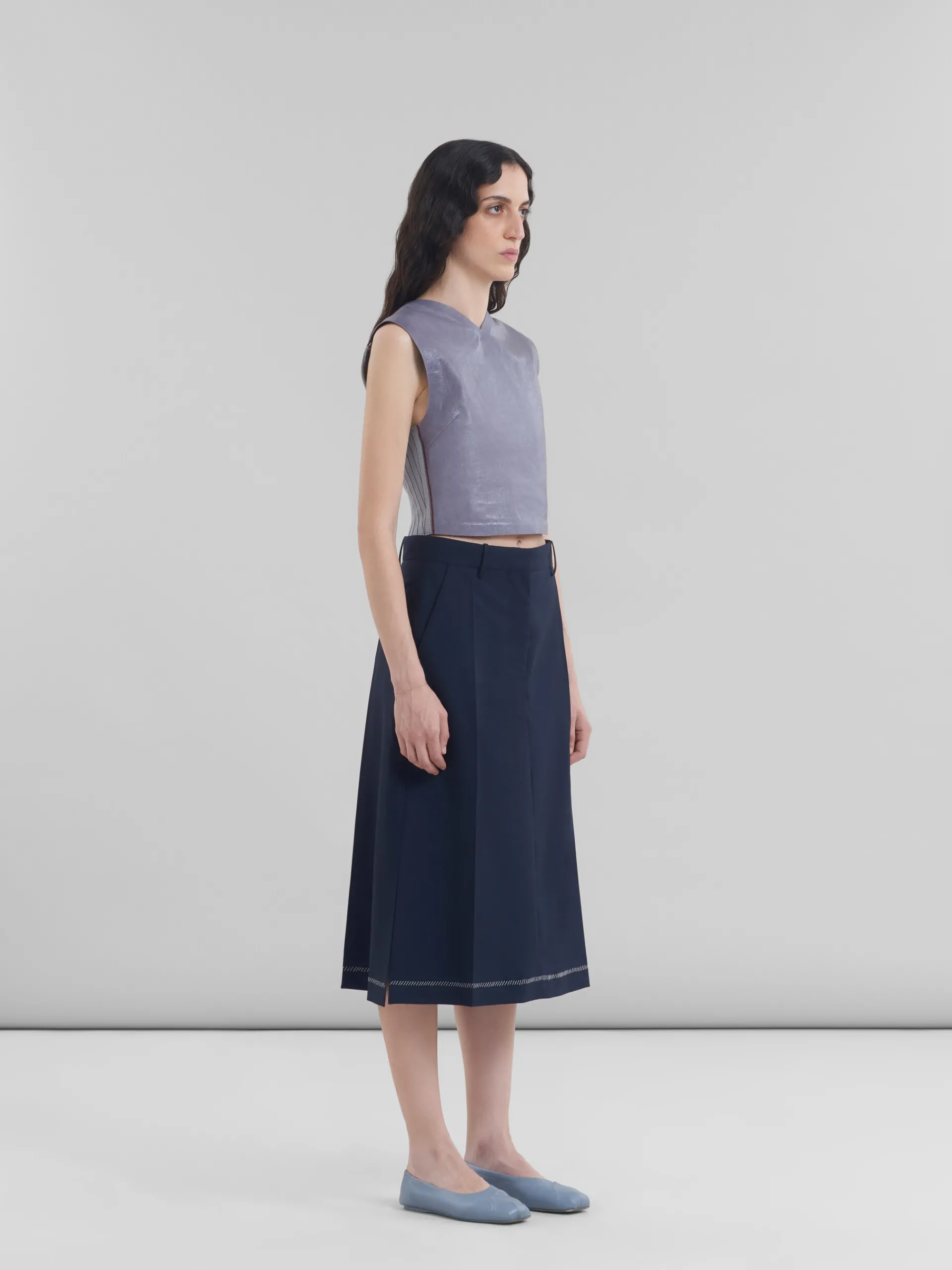 Skirts>Marni Deep Blue Wool Midi Skirt With Pressed Pleats BLUBLACK