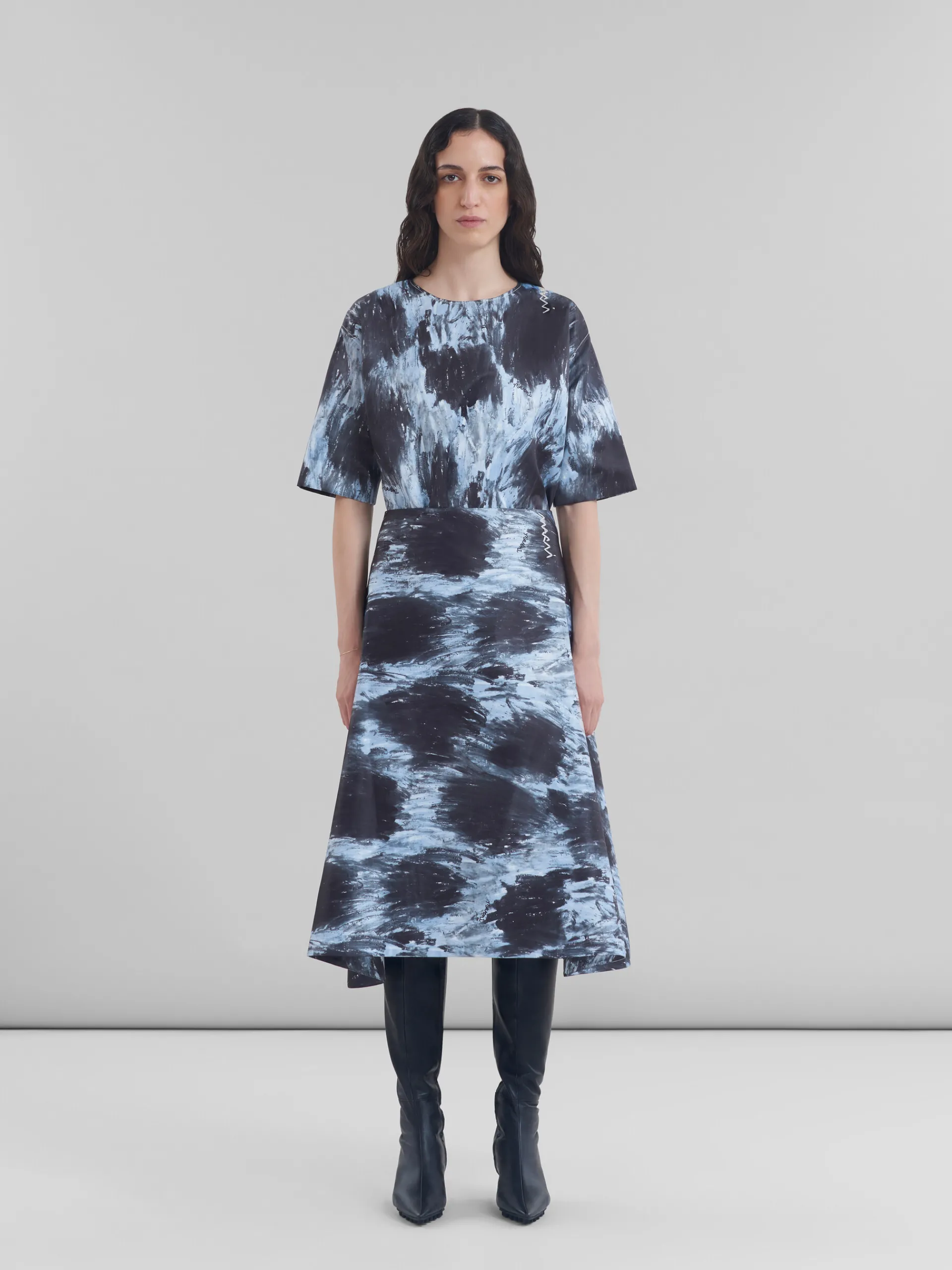 Skirts>Marni Duchesse Flared Skirt With Crayon Leopard Print ANTIQUE SILVER