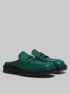 Lace Up & Loafers>Marni Green Leather Piercing 2.0 Chunky Sabot Loafer FORESTGREEN