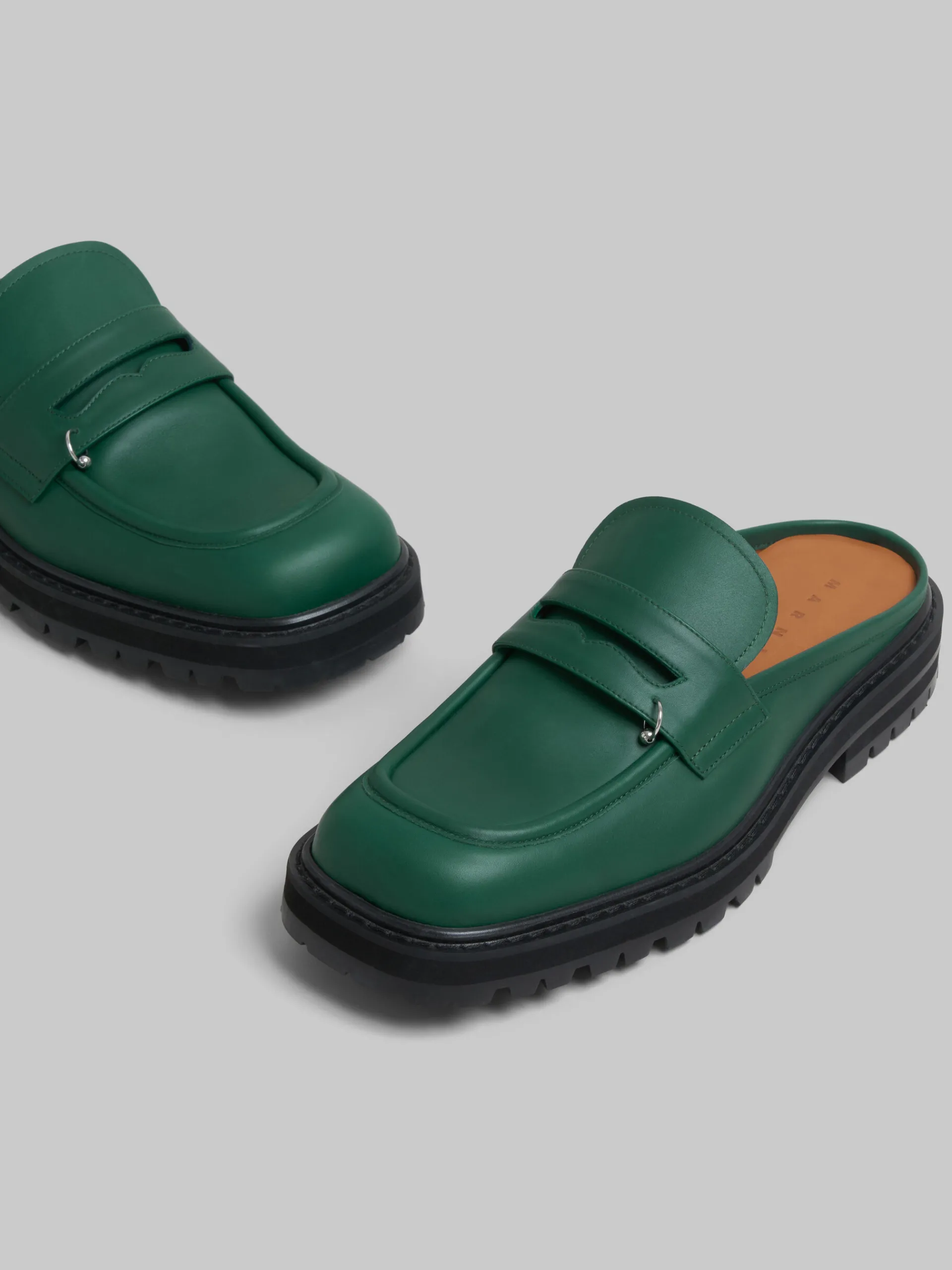 Lace Up & Loafers>Marni Green Leather Piercing 2.0 Chunky Sabot Loafer FORESTGREEN