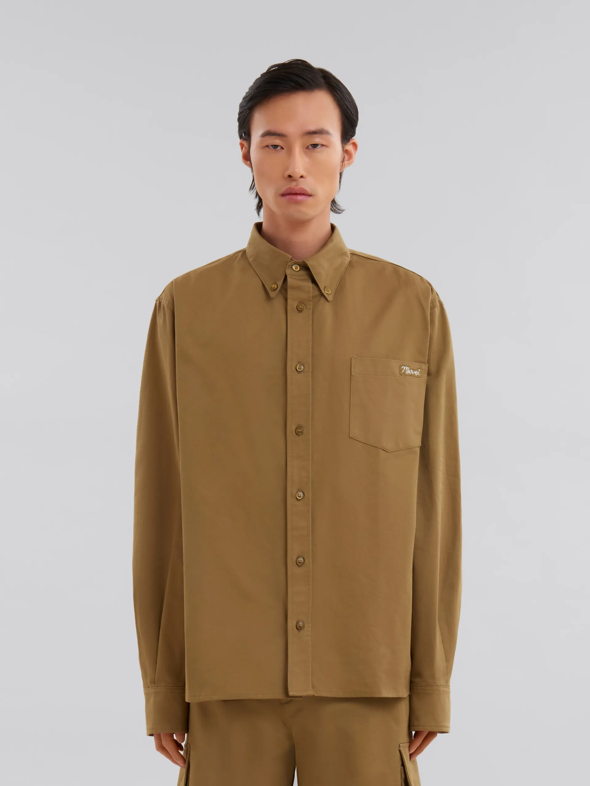 Matching Sets | Tops & T-Shirts>Marni Green Organic Gabardine Shirt With Patch OLIVE