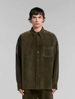 Tops & T-Shirts>Marni Green Suede Shirt With Leather Back DARKOLIVE