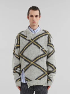 Knitwear>Marni Grey Broken Wool Jumper With Argyle Motif SODIUM