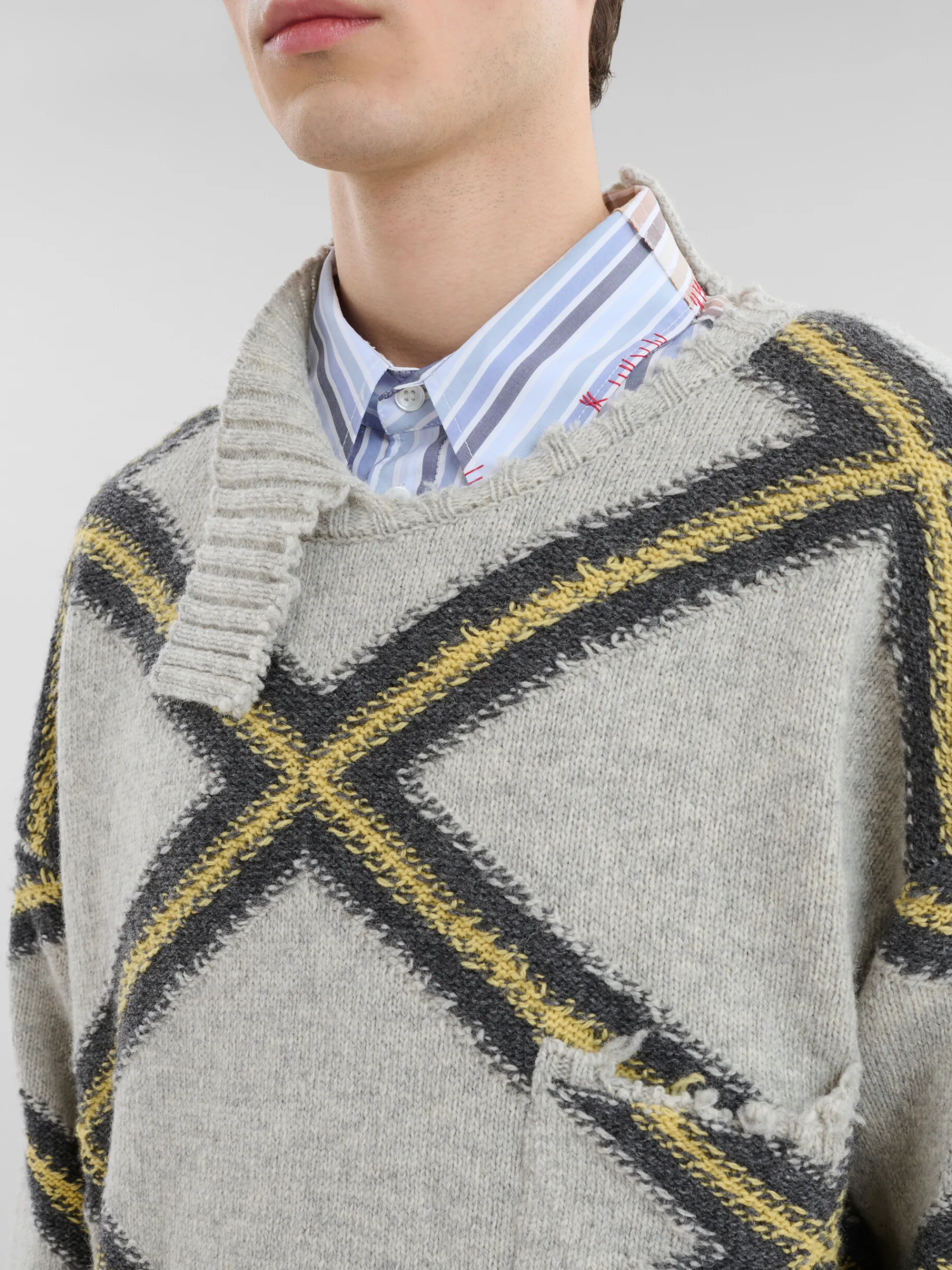 Knitwear>Marni Grey Broken Wool Jumper With Argyle Motif SODIUM