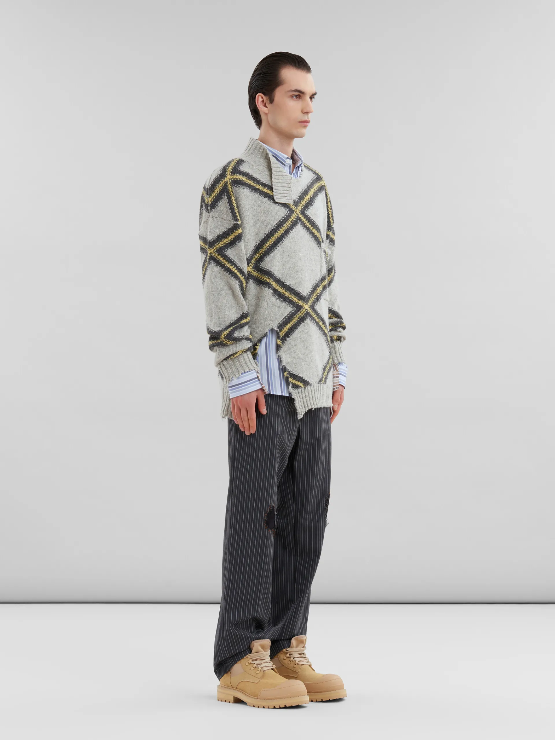Knitwear>Marni Grey Broken Wool Jumper With Argyle Motif SODIUM