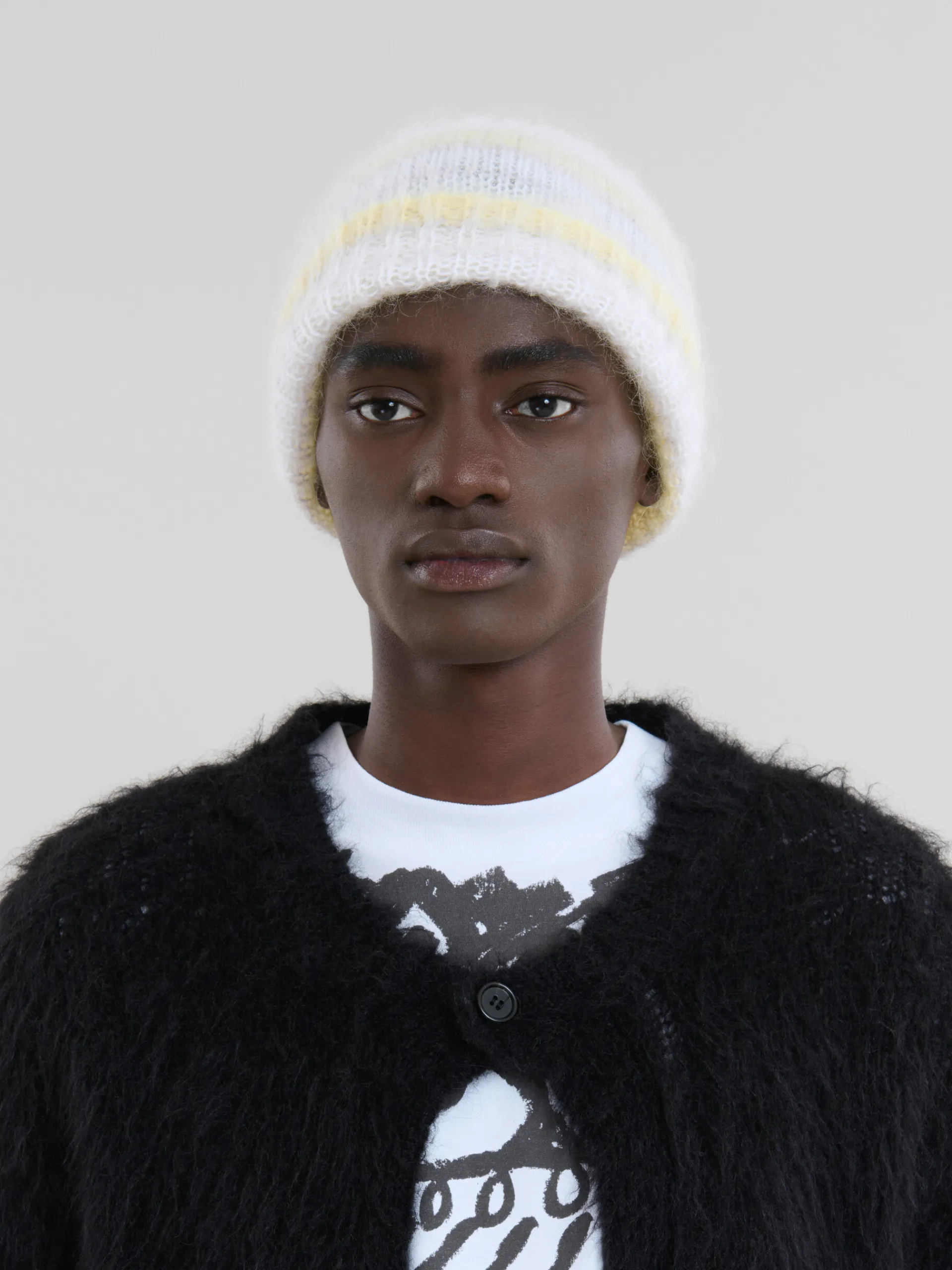 Hats>Marni Grey Brushed Mohair Beanie With Stripes TONIC