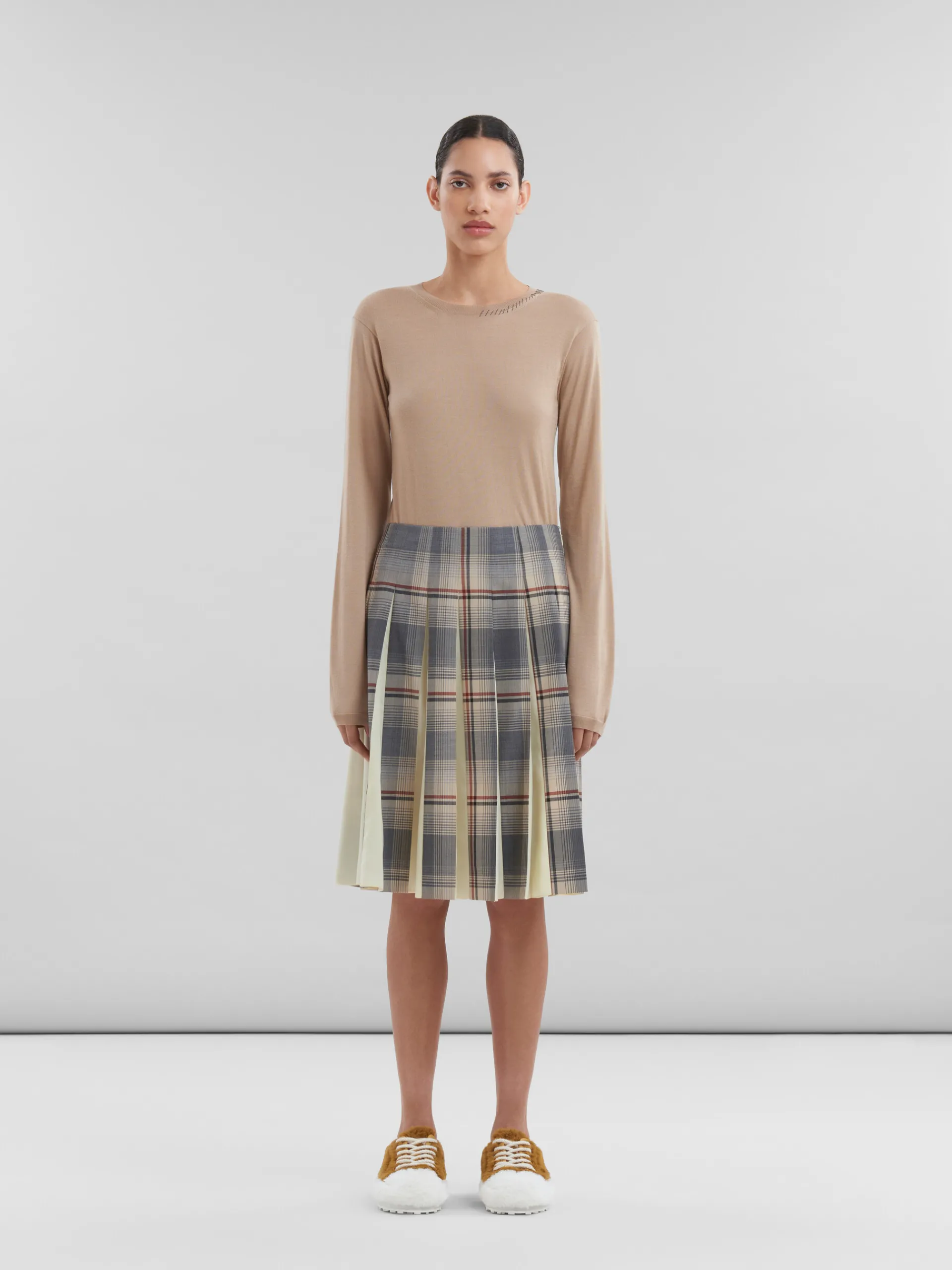 Matching Sets | Skirts>Marni Grey Checked Wool Skirt With Pleats SLATE