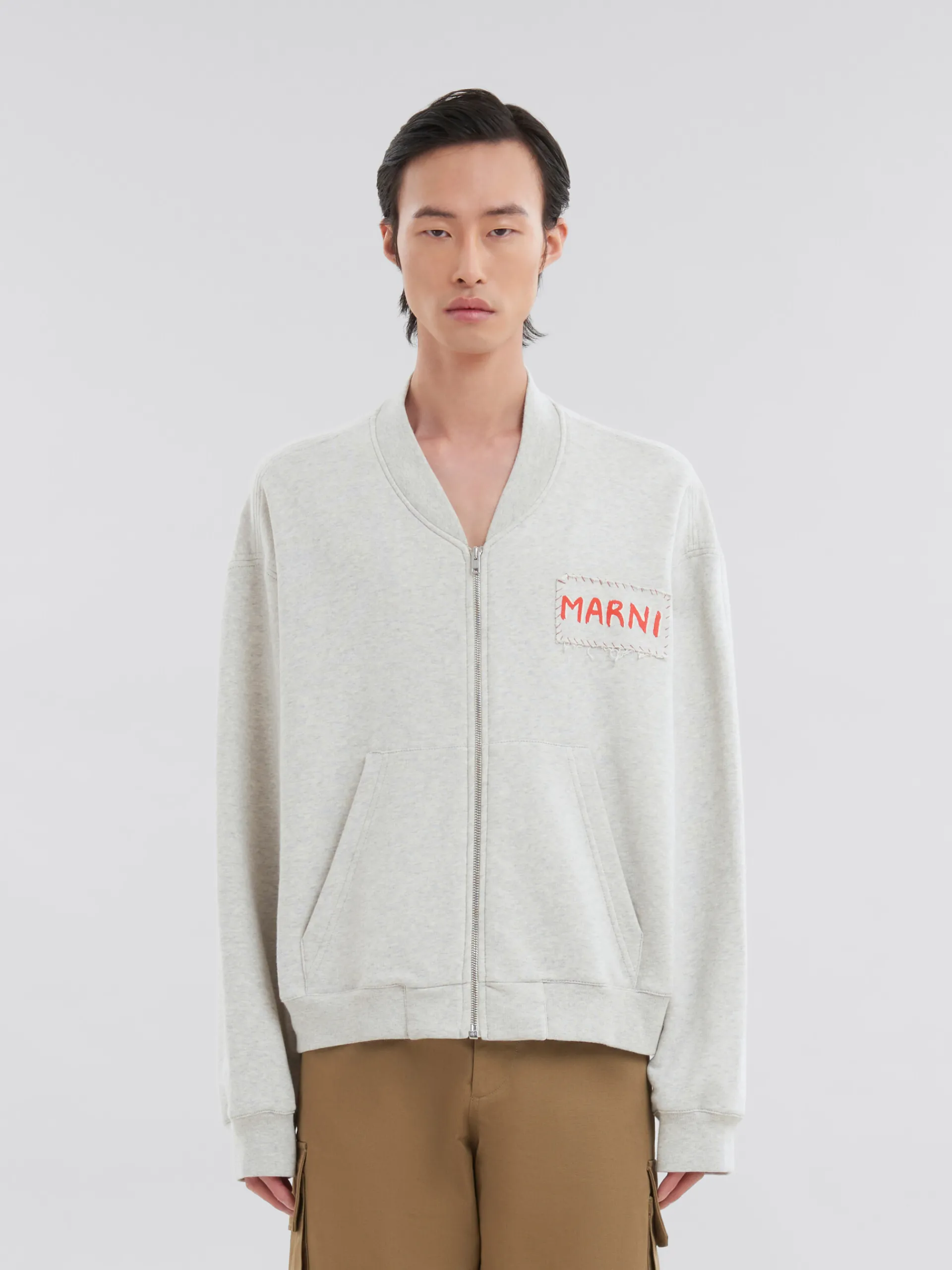 Sweatshirts>Marni Grey Melange Cotton Bomber With Patch SODIUM