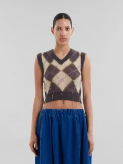 Knitwear>Marni Grey Mohair Argyle Vest With Floating Threads ENDIVE/PINK