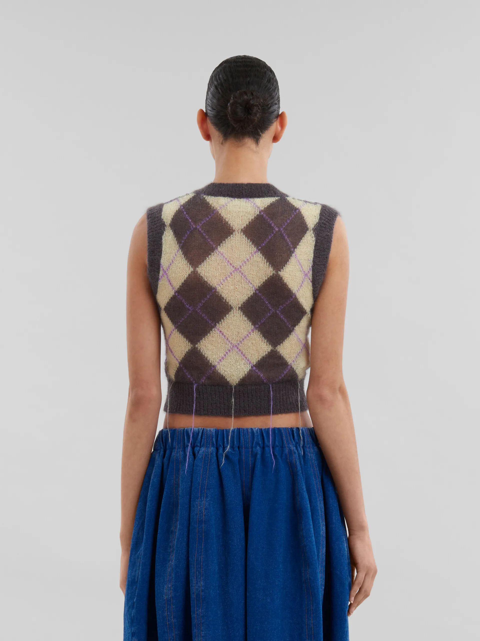 Knitwear>Marni Grey Mohair Argyle Vest With Floating Threads ENDIVE/PINK
