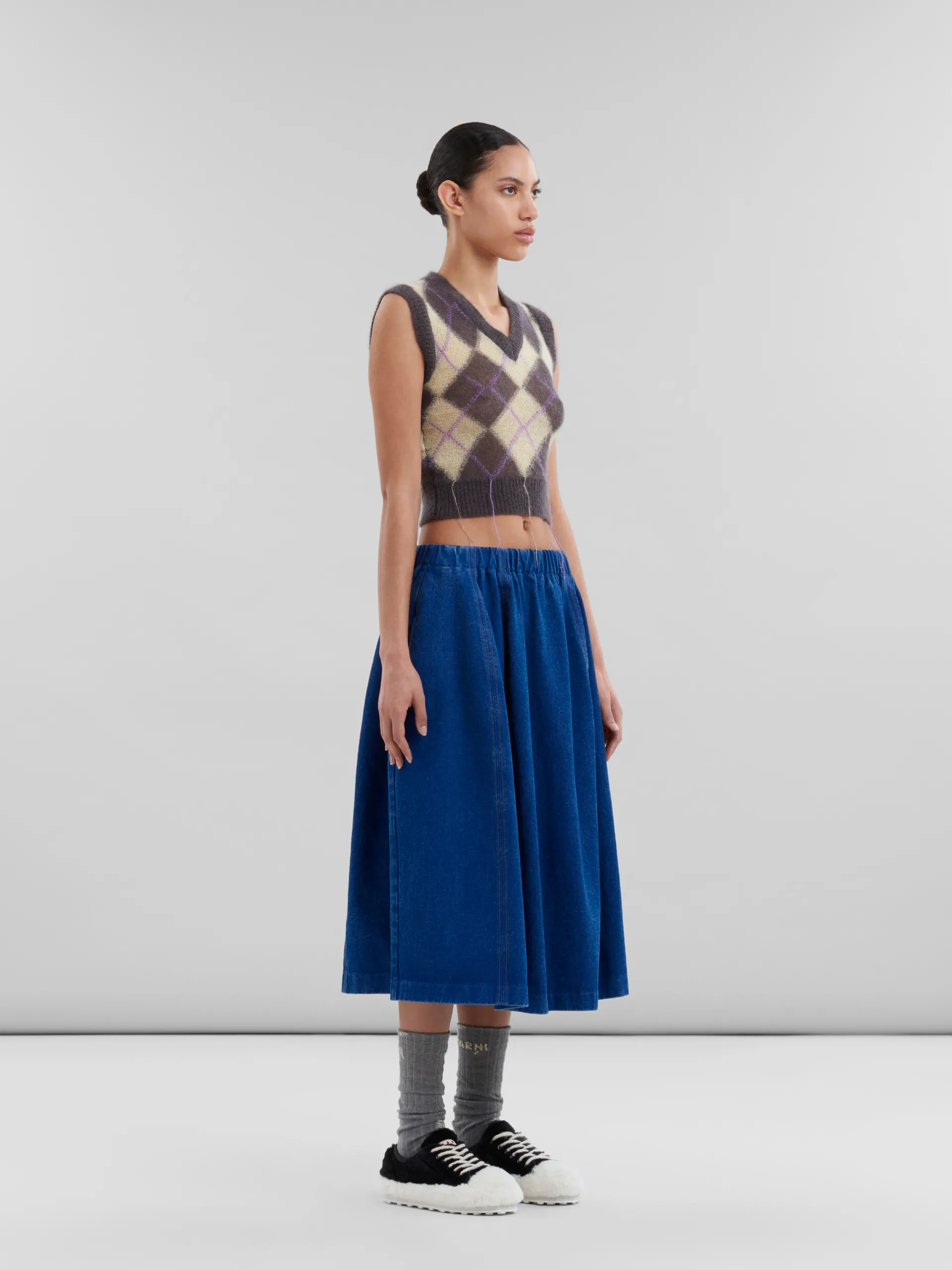 Knitwear>Marni Grey Mohair Argyle Vest With Floating Threads ENDIVE/PINK