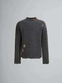 Knitwear>Marni Grey Shetland Wool Jumper With Mending Embroidery GRANITE