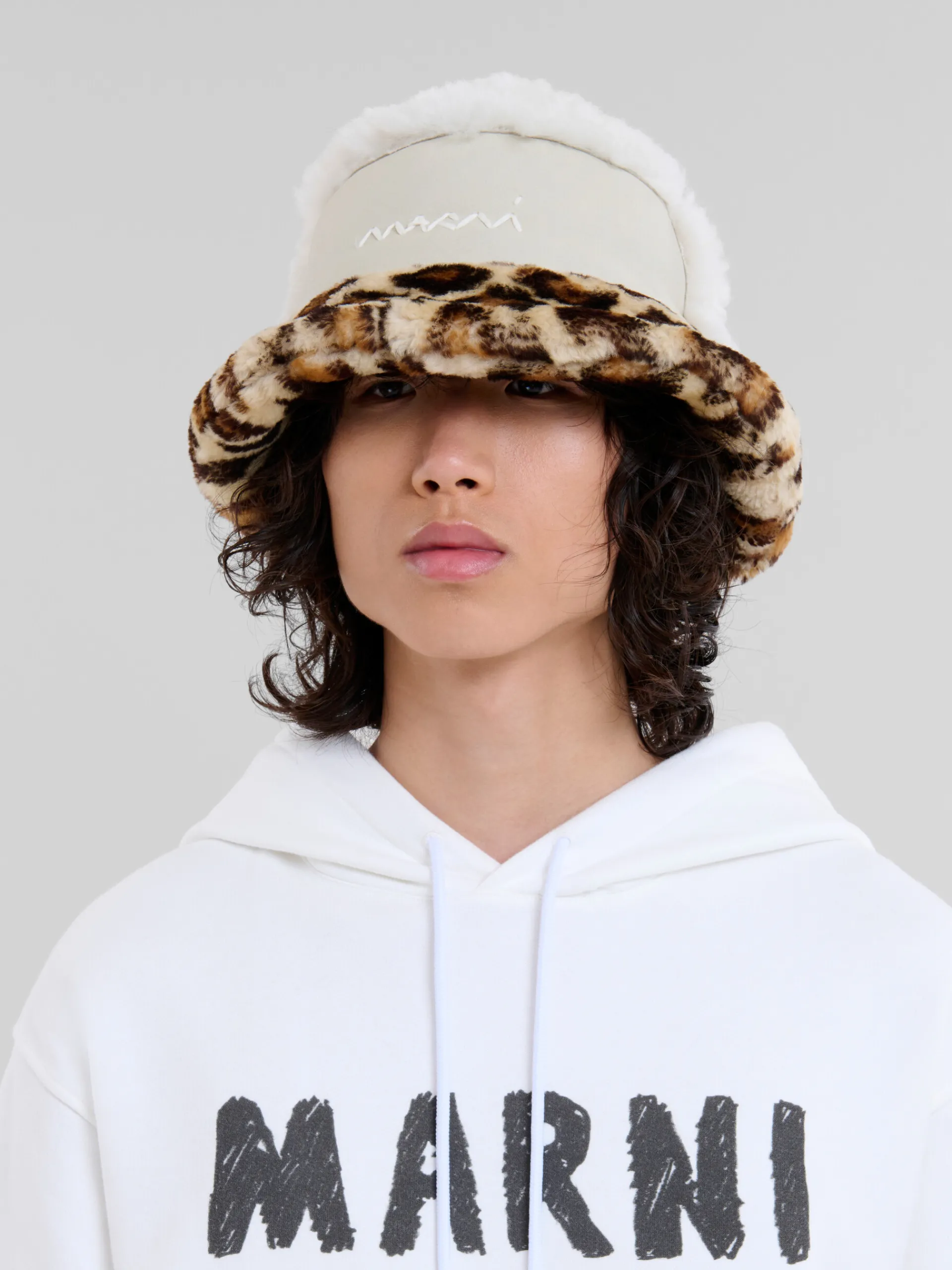 Hats | Hats>Marni Leather And Shearling Bucket Hat STONEWHITE