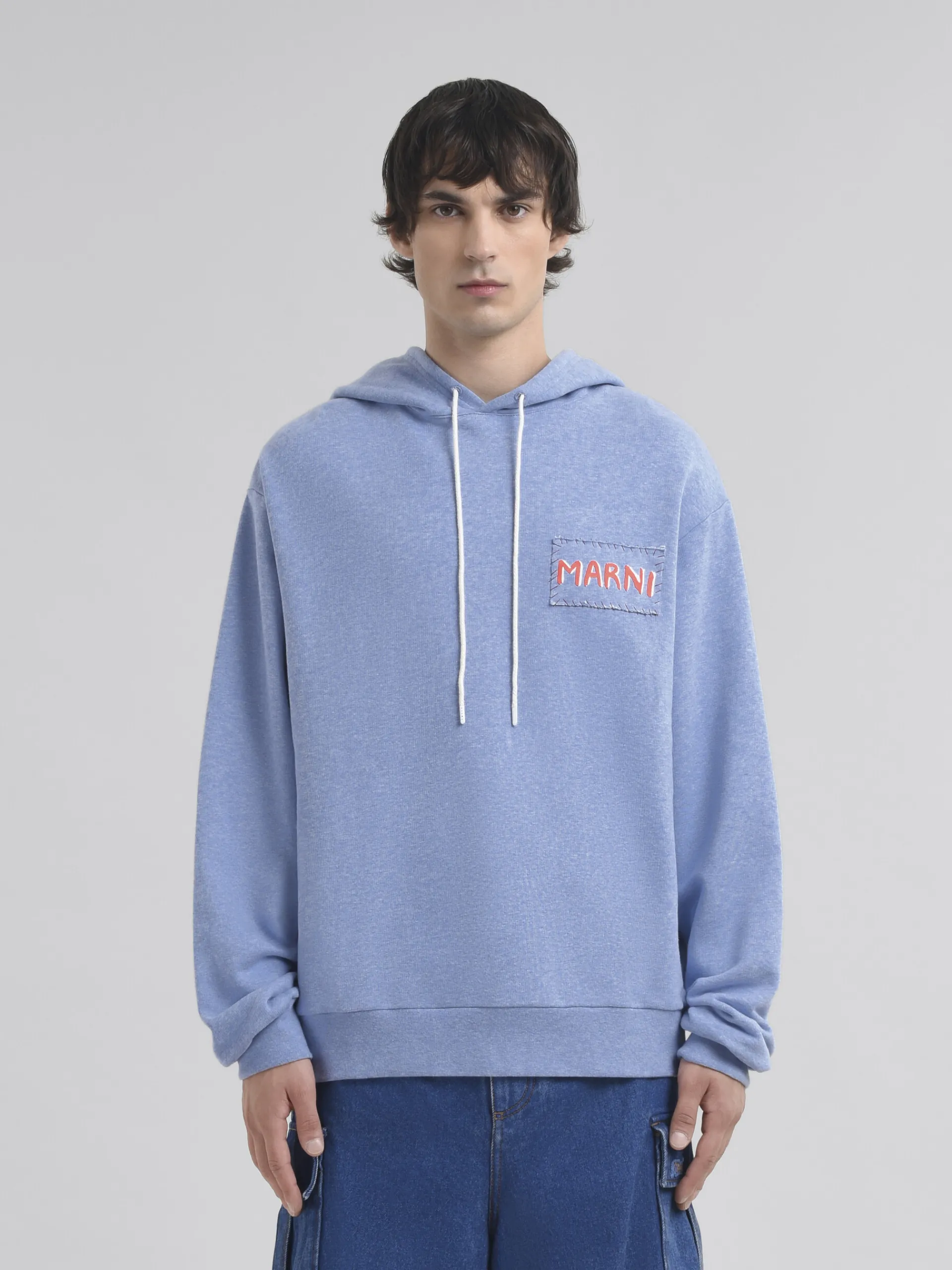 Sweatshirts>Marni Light Blue Melange Cotton Hoodie With Patch LIGHTBLUE