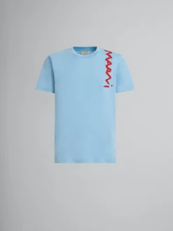 Tops & T-Shirts>Marni Light Blue Organic Cotton T-shirt With Mending Logo LEADEN BLUE