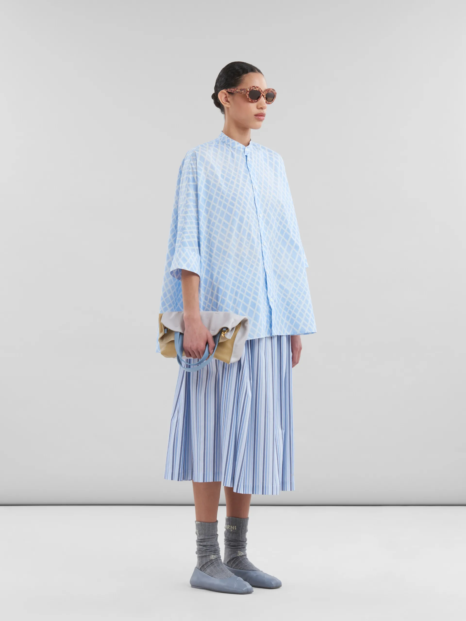 Tops & T-Shirts>Marni Light Blue Poplin Kimono Shirt With Landscapes Print LIGHTBLUE