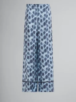 Matching Sets | Pants>Marni Light Blue Silk Palazzo Trousers With Crayon Leopard Print ANTIQUE SILVER