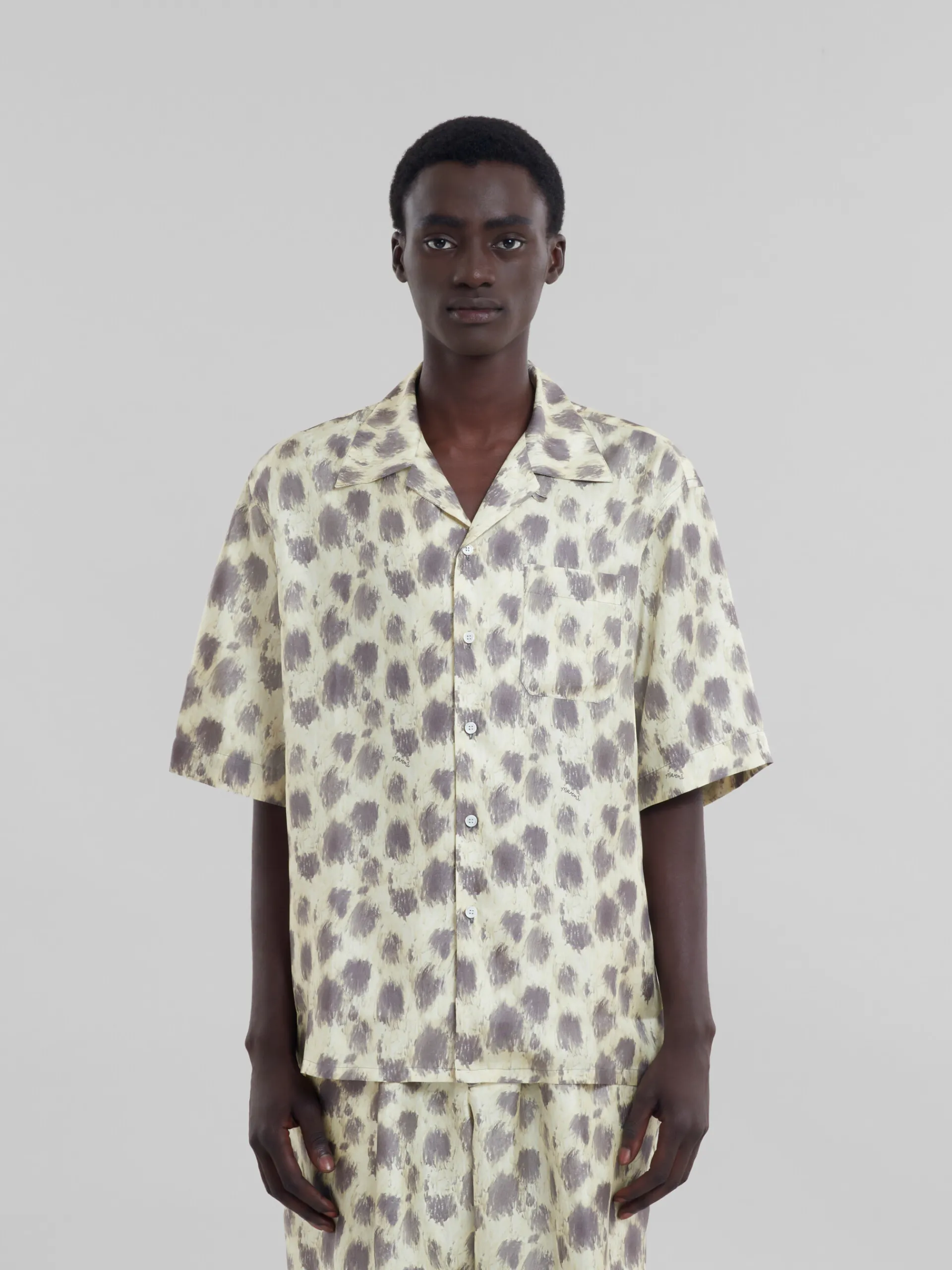Matching Sets | Tops & T-Shirts>Marni Light Yellow Silk Bowling Shirt With Crayon Leopard Print LIGHTTOPAZ