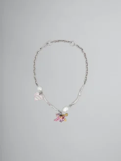 Necklaces>Marni Metal Chain Necklace With Tiger Pendant PALLADIUM/FLAMINGO