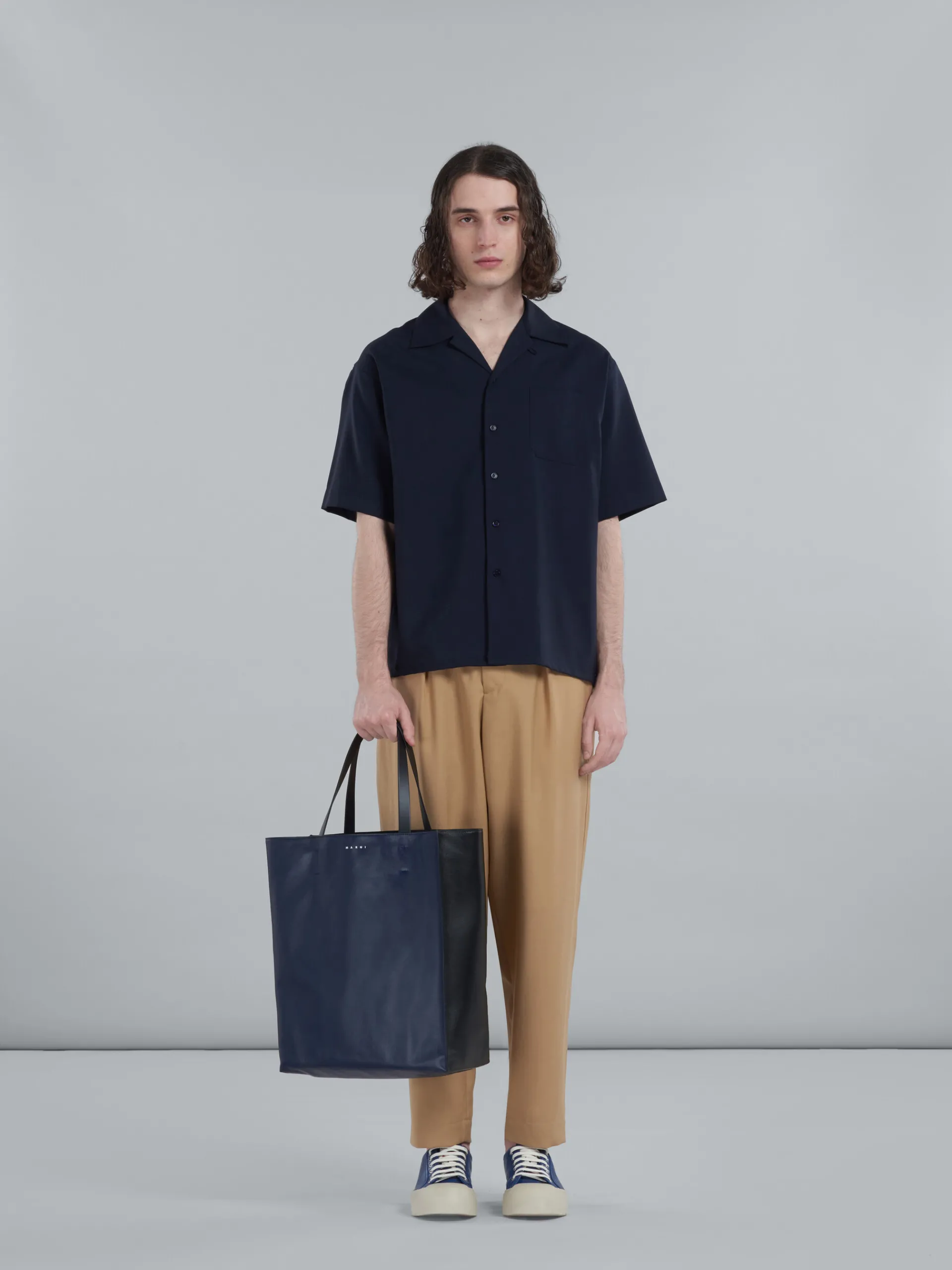 Tote Bags>Marni Museo Soft Large Bag In Black And Blue Leather NAVYBLUE/BLACK
