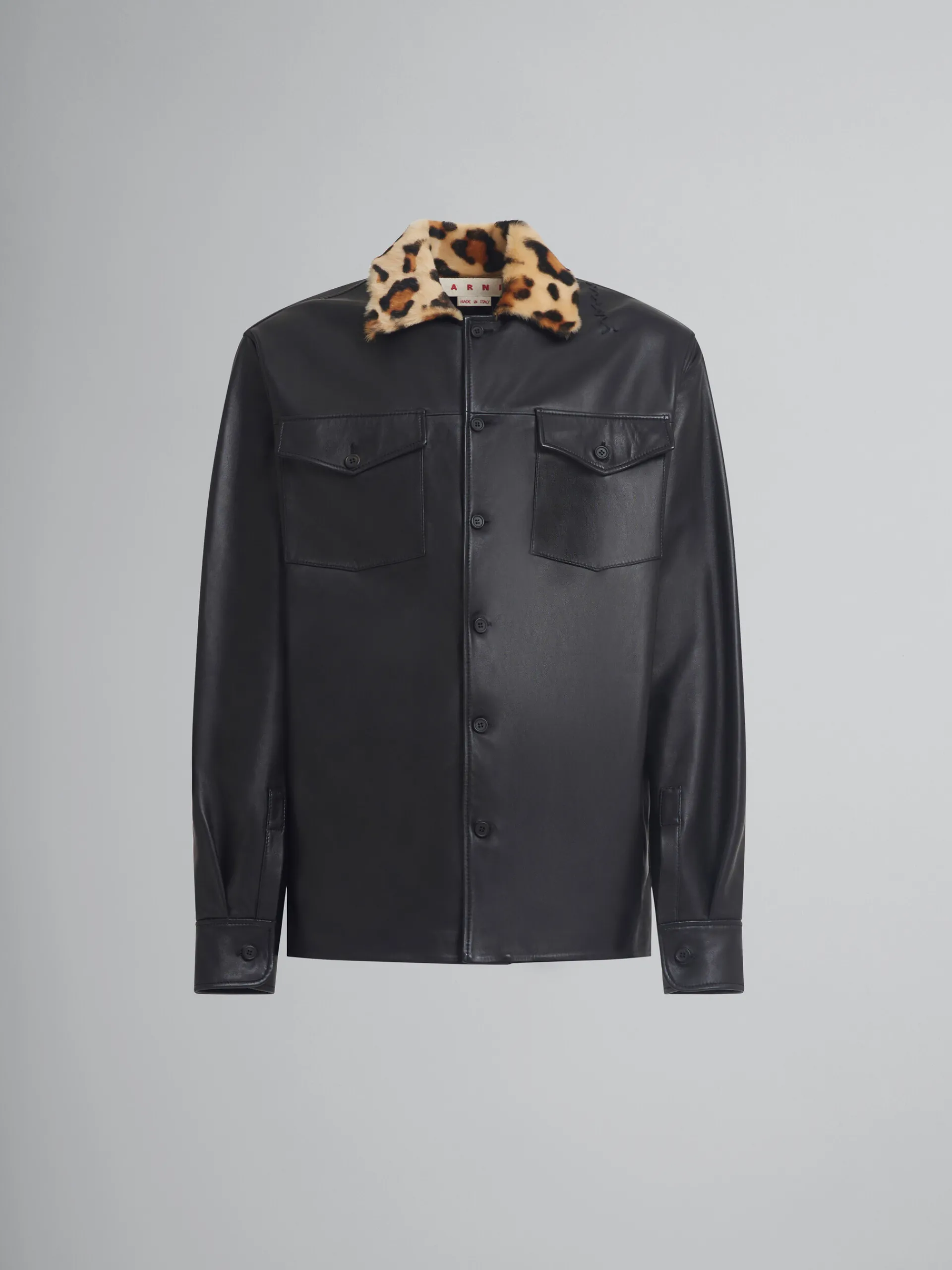 Tops & T-Shirts>Marni Nappa Leather Shirt With Animalier Shearling Collar BLACK