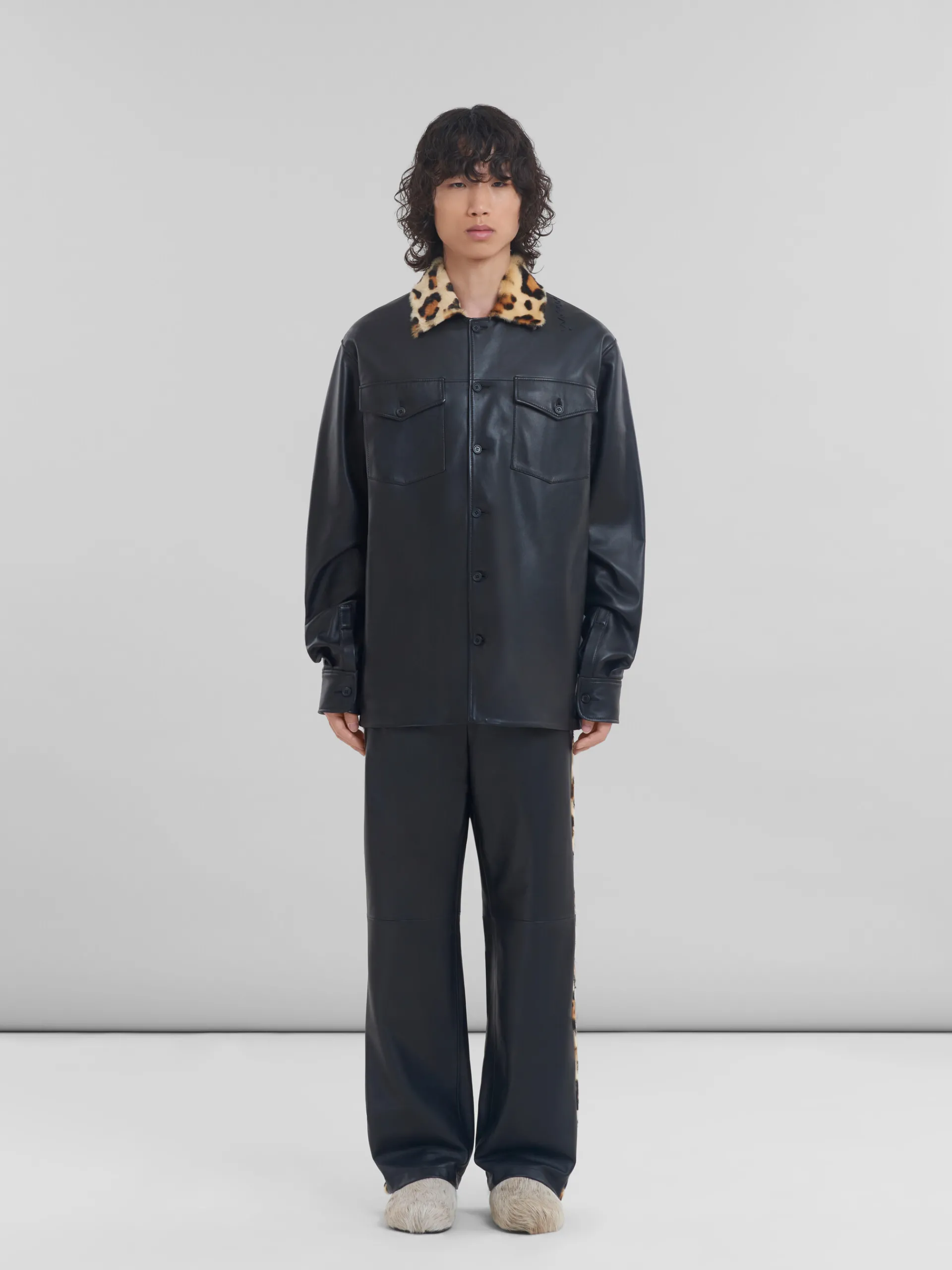 Tops & T-Shirts>Marni Nappa Leather Shirt With Animalier Shearling Collar BLACK