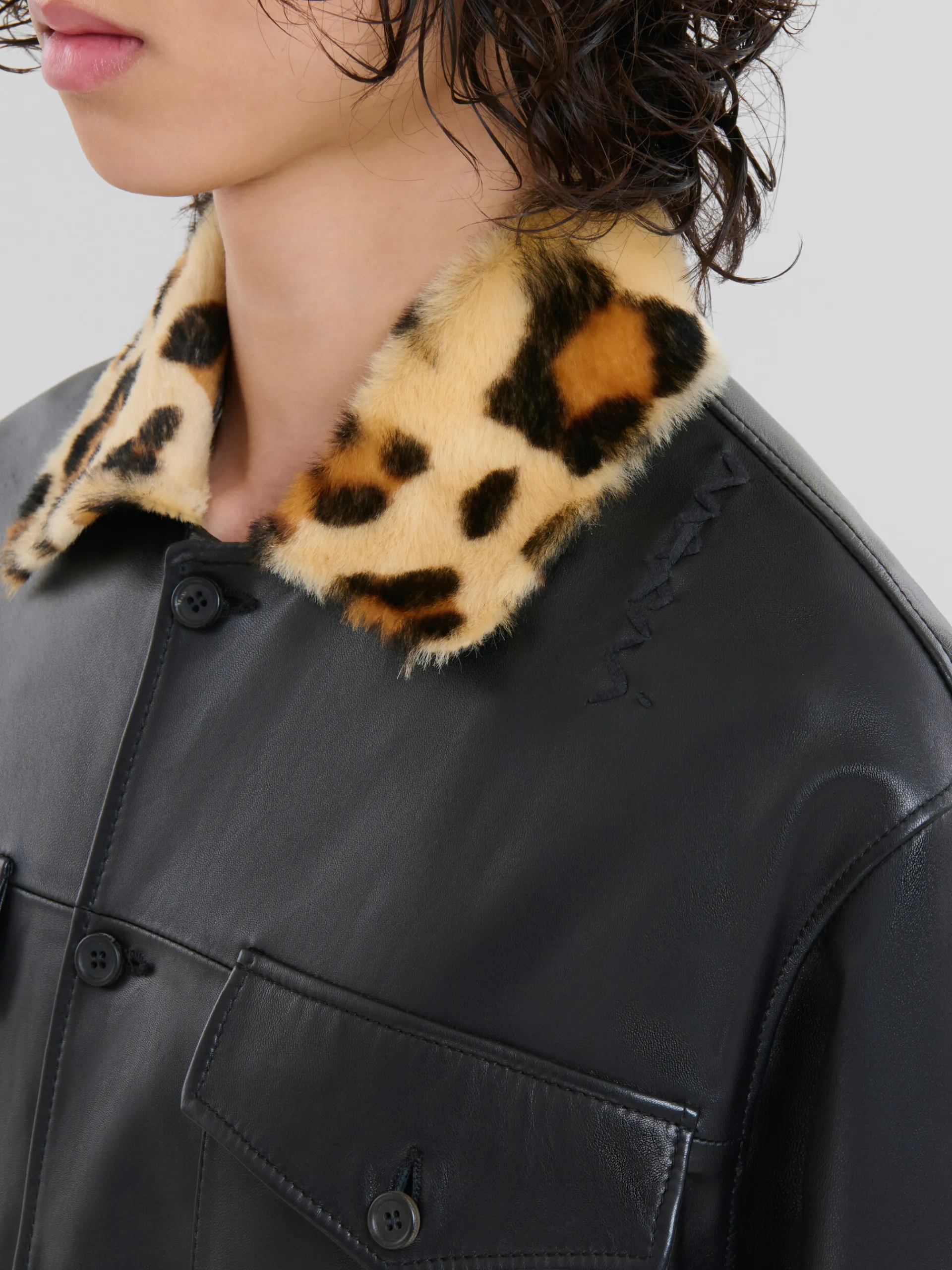 Tops & T-Shirts>Marni Nappa Leather Shirt With Animalier Shearling Collar BLACK
