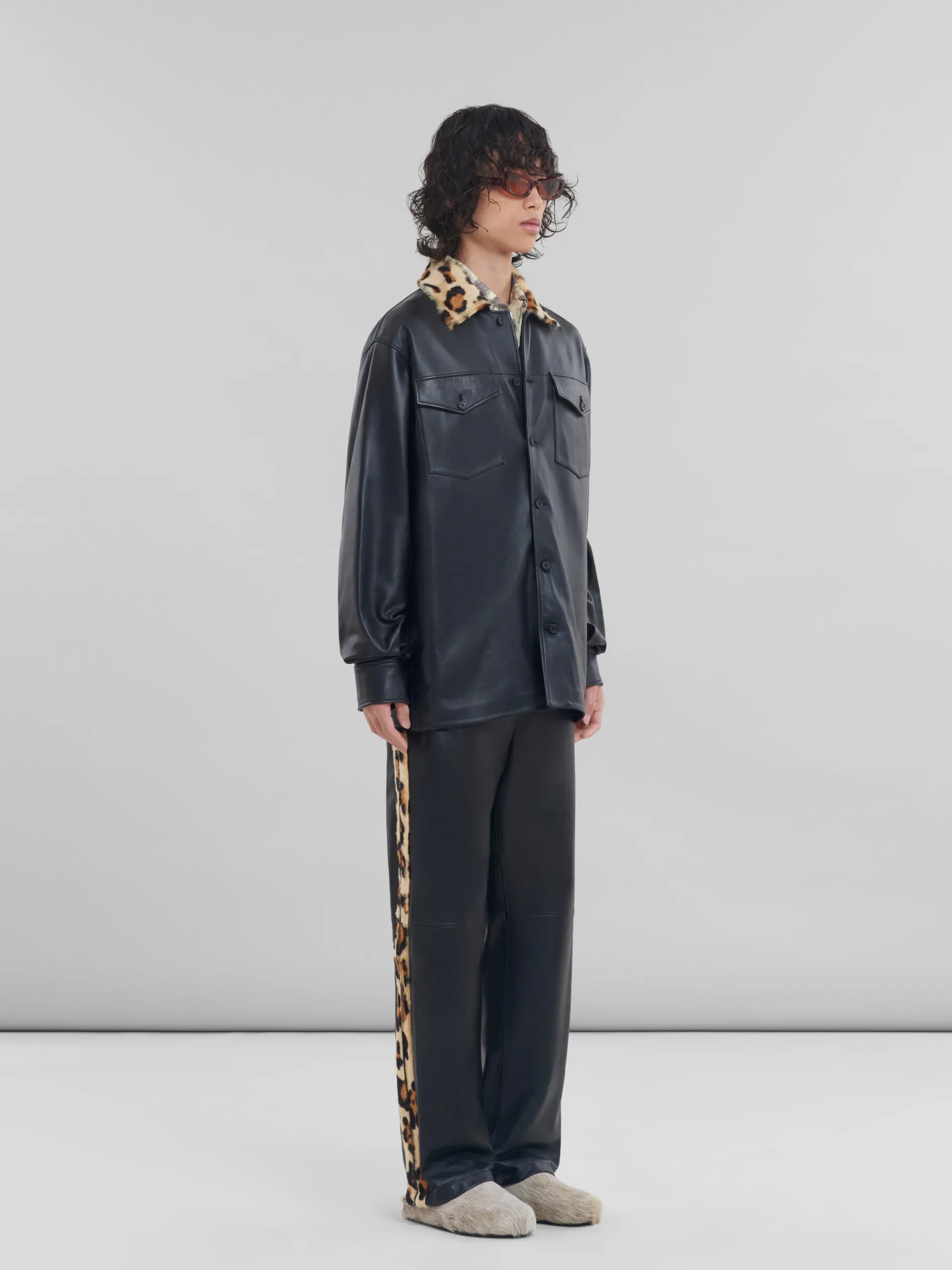 Tops & T-Shirts>Marni Nappa Leather Shirt With Animalier Shearling Collar BLACK